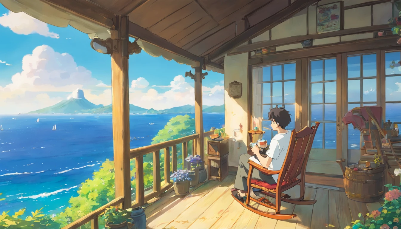 Sunny days、Note PC、You can see the sea below on a very high hill、While sitting in a rocking chair、Dressed in a white T-shirt and black pants、A man brewing coffee while looking at the sea