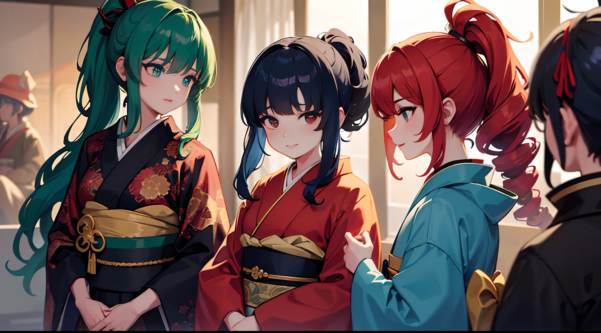 masterpiece, lots of detail, 4k, 8k, ((ultra-detailed)), highres, soft lighting, 3girls, kimono, festival, hair sticks, {red hair|green hair|black hair|blue hair}, {ponytail|short hair|long hair|curly hair}