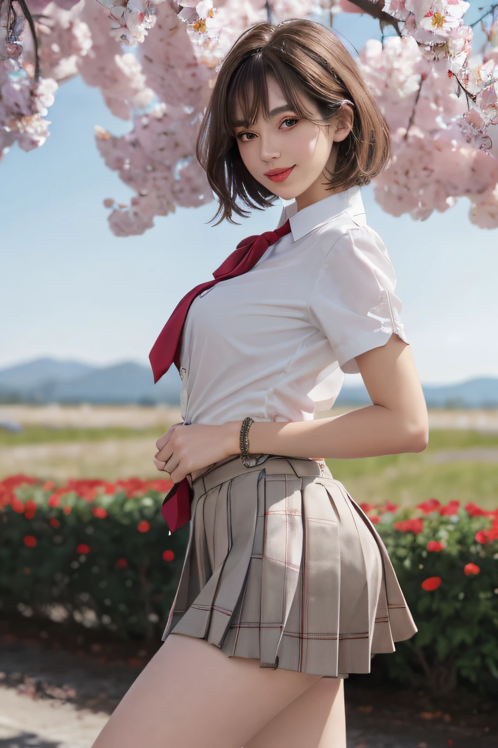 nsfw, 8K RAW photo, best quality, masterpiece, ultra high resolution, film grain, filmg, 1girl, looking at the viewer, natural skin texture, realistic eye and face details, full lips, lipstick, (makeup), red eye shadow, short fluffy hair, messy hair, smile, closed mouth, beautiful legs, tall, skinny, slim_legs, lonely, huge chest, neckline, pose with buttocks in front of you, ultra short skirt, , shirt, beautiful nature location, around flower location, (detailed background), plaid skirt, white shirt, huge chest, neckline, show a small neckline through the shirt, loafers, blurred background, blurred, bra, checks, short sleeves, jk ribbon on the neck, JK Ribbon, Brown Hair, Bracelet, Water, Bangs, School Uniform, Jewelry, Lips Apart, Lips, From the Side, Pleated Skirt, Depth of Field
