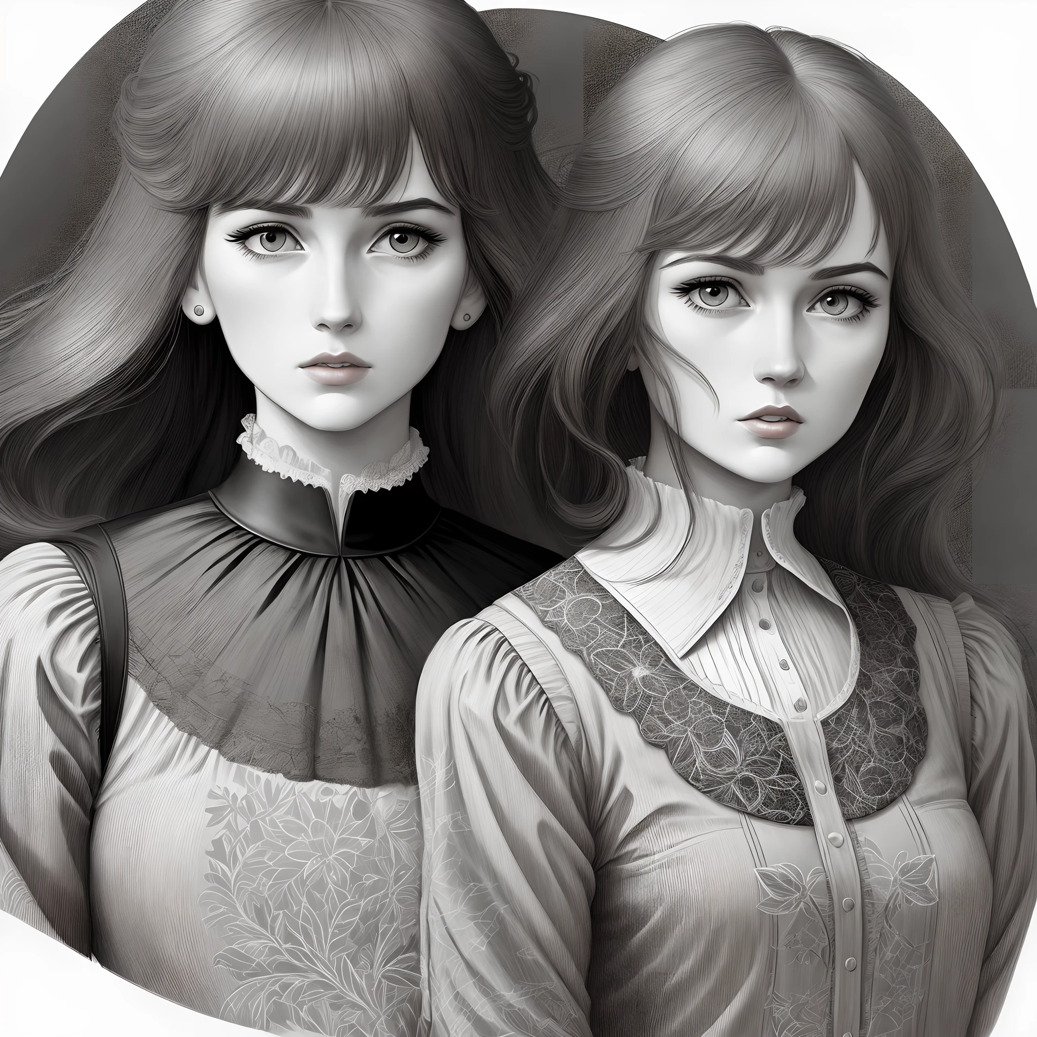 Masterpiece, Line art for female characters, Florence Pew's shocked expression, Detailed Country Garden background, art deco design,, Double exposure style, no shade, Used to color pages, White space, no shade,