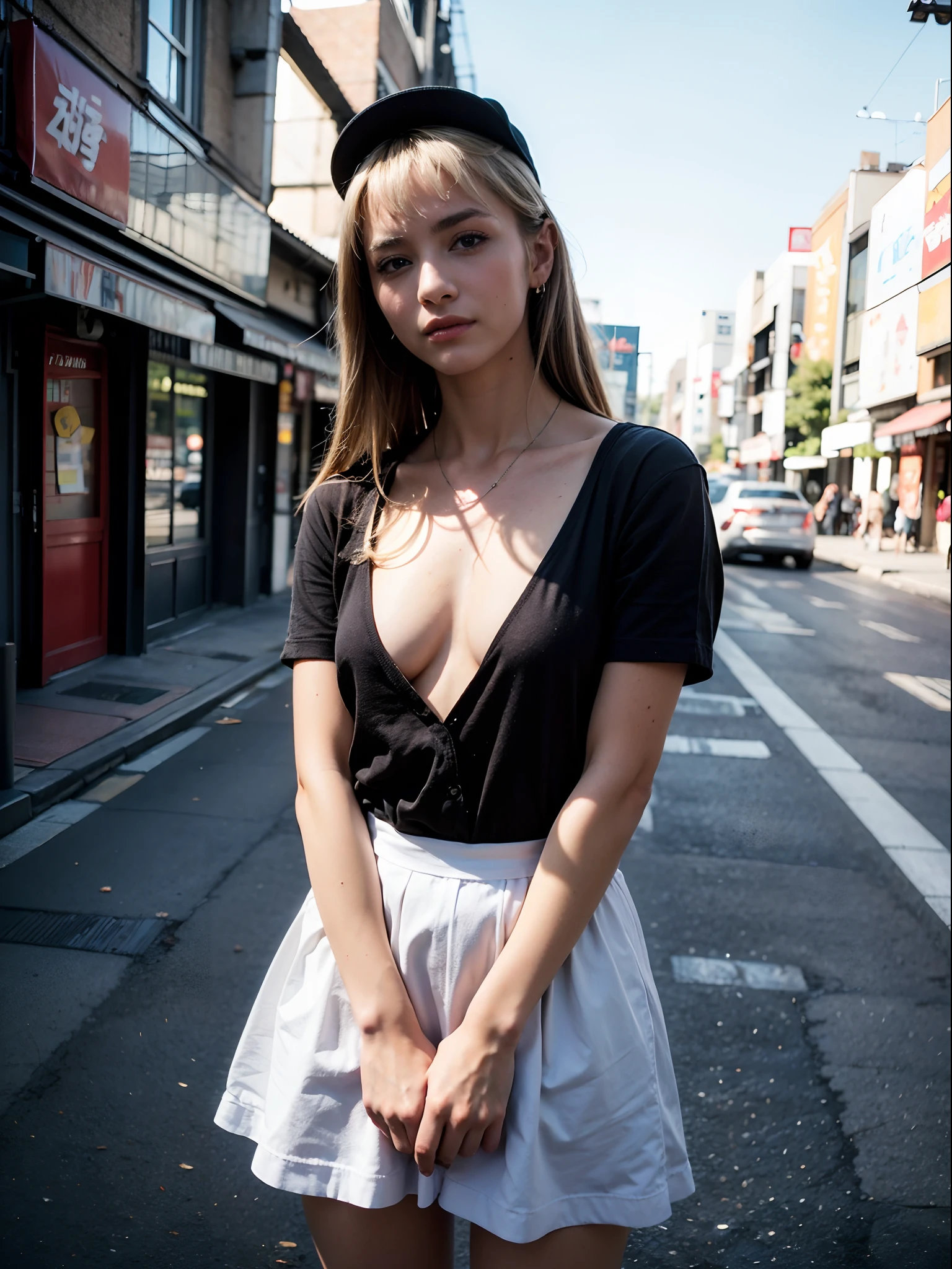 (in 8K. HDR.Hyper-Realism、Masterpiece 1.4、Live Photo 1.4, Best quality1.4, Ultra Detailed 1.4、masterpiece:1.4、Insanely detailed、Perfect Shading、Solo Photography、canonEOS.50mm Lens、full body picture 1.4、is standing、)(((Maids、maid clothes、White Brim、pinafore、frills skirt、Stockings、Dr Martens Boots、Streets of Tokyo)))(((Russian woman, Slavic、18year old、Small face 1.4、Sleepy face、long、straight haired、Bangs on the forehead、a blond、Bunching hair、blue eyess、Five Fingers.)))、(small tit、small tits、muscular body、Cute s、Beautiful skin shining with sweat、Detailed skin with visible pores、extremely detailed and beautiful face、de pele branca、Detailed skin)、