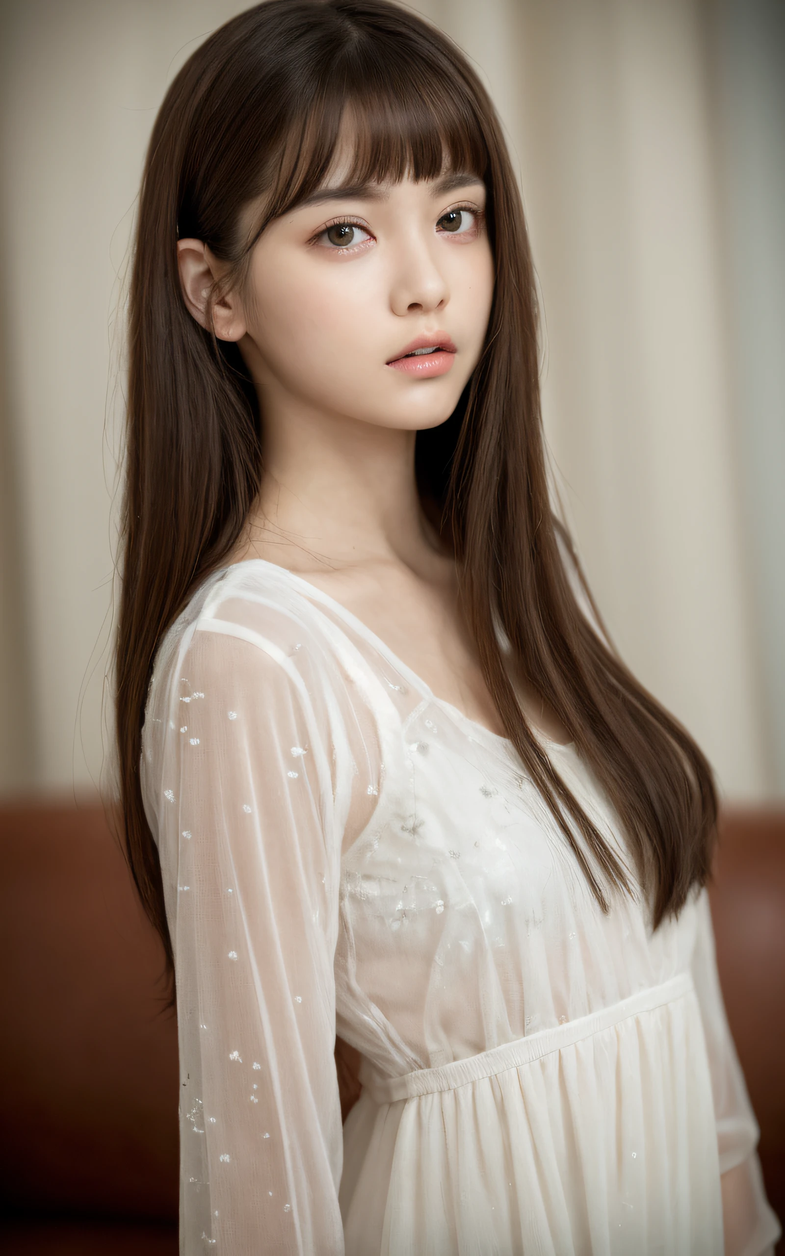 Top quality, realistic, perfect human body structure, very detailed, very delicate and beautiful, RAW photography, living room, professional lighting, luminescence, depth of field, single focal, full body, 13 year old girl, brown hair, small head, ((big)), baby face, beautiful eyes, real face, realistic skin, detailed eyes, (fashionable hairstyle: 1.3), bangs, sexy pose, absurderes、Incredibly Ridiculous res、Extremely fine,