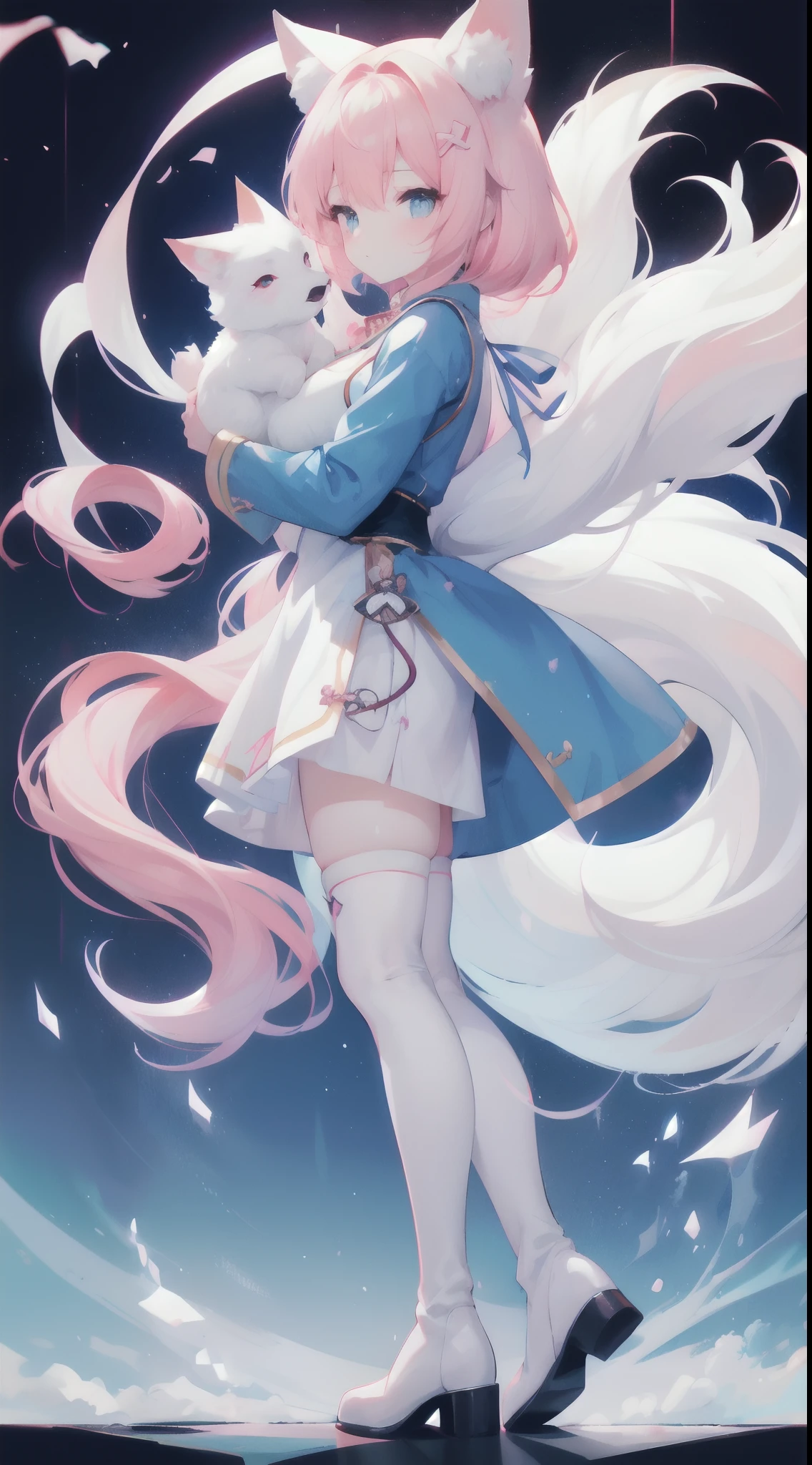 (a girl with) furry big tail, (long) pink hair, wearing a (blue) cheongsam with high slits, white stockings, knee-high boots, standing posture, full body shot, (carrying) a large white fox on her back, detailed, anime, high definition, (pink), (blue), front view