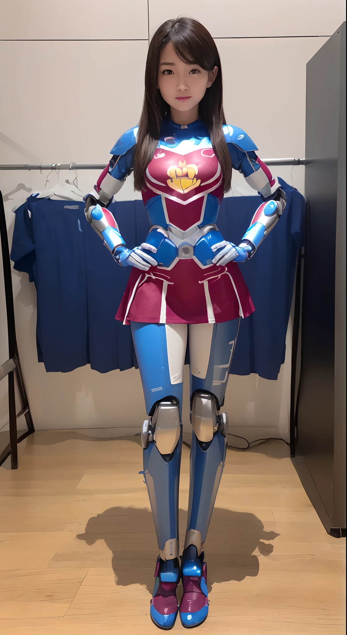 (Photorealsitic:1.4)、One-woman、(top-quality)、(hyperdetailed face)、(Super well-formed face)、((Robot Parts))、(Female-Robot)、(26 years-old)、(Blue)、(pink there)、(Burgundy)、(metallic)、(Full-body)、(sexy pose)、(Slender body)、(Model body type)、(full body mech)、(Akihabara)、(is looking at the camera)、(A dark-haired)、(Well-proportioned lady)、(a small face)、(well-groomed fingers)、(Idol)、(front facing)、(Standing with legs open)、(Hands on hips)、(Photo session)、(Looks sad)、(Cheerleader Cosplay)、(perfect-female-robot)、(perfect-mechanical-body)