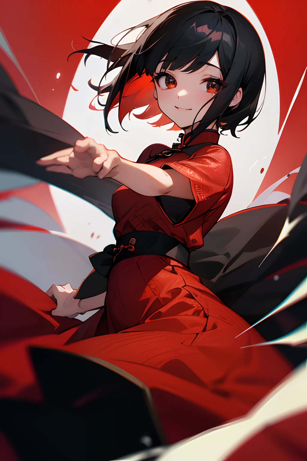 Bloods、（A slight smil）、Looking at the camera, Large watery eyes, (Black hair：1.6), kirakira, （Solo：1.8）,, Highest image quality, Highest Quality, , Solo, depth of fields, ,  qipao dress, ,Short hair, Red mesh、（Black background）、