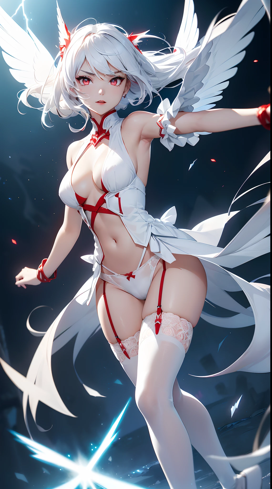 .20 year old young woman( Long twin tailwhite hair ),(bright red eyes)<=(eyes HD lighting) (has red lips), beautiful eyebrows (badass expression) both hands have red bracelets on the arms (wears clothes made of transparent white cloth) (sexy white underwear model Garter Belt ) (has 6 wings with a beautiful) (He wears gold bracelets on both feet) (sky setting at blue dark ) (there is an effect of bright red particles flying in the background, (flying) (pose during serious fighting) <=(lunging forward)giving an elegant and epic impression.dark atmosphere with bright particle light(many effects in background) blue lightning particel,