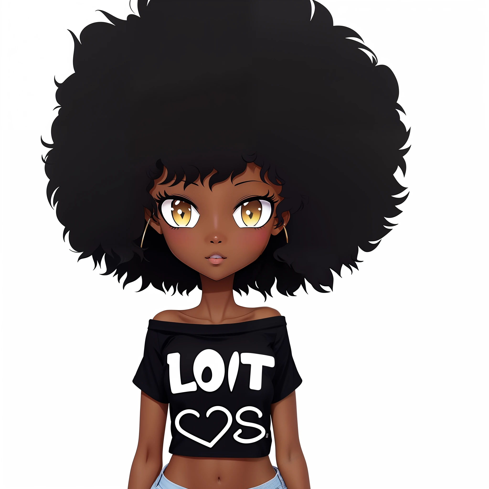 black Anime girl wearing an " love cats" shirt, big afro hair ,  black shirt