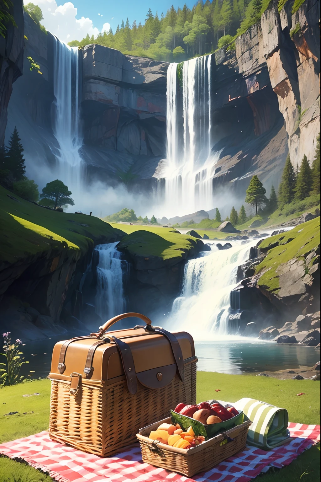 A food-theme nature scene of a waterfall with a picnic basket in the foreground, beautiful view of scene, printable --auto