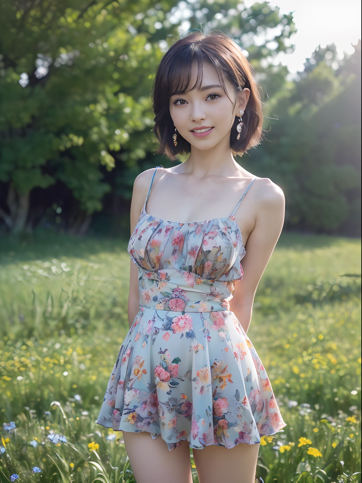 ((8K, RAW Photos, of the highest quality, Masterpieces), high definition RAW color photos professional close-up photos, (Realistic, Photorealism: 1.37), (Highest Quality), (Best Shadows), (Best Illustrations), ((Cute, Beautiful, Ultra High Resolution, High Definition CG Unified 8K Denden Wallpaper, Physically Based Rendering, Movie Lighting), analog style, Elegant, grateful, UHD 8K, Digital SLR, FujifilmXT3, Vibrant, Candid, Dramatic immersive sunset, (Detailed face, Skin Texture), Film grain, Natural light, looking in camera,(Idol),(1 japanese girl),(Photo of a girl in Japan ), (medium breasts), (makeup,lip stick,eye line,mascara,eyeshadows:1.1),glamor,(Perfect face), (Cute face), (Beautiful face), ((Floral dress)), (earrings), ((short bob)), A field of flowers, Beautiful detail eyes, Light on the Face, ((Cowboy Shot: 1.2)), especially strong light, (Upper Eyes, Grinning smile:1.2),Shiny skin, ulzzang -6500-v1.1:0.2, Shy, (The Flash:1.2), (arms behind back:1.2), ((Good anatomy: 1.2)), ((An A field of flowers that is bright , the background is blurred: 1.2)),wakame
