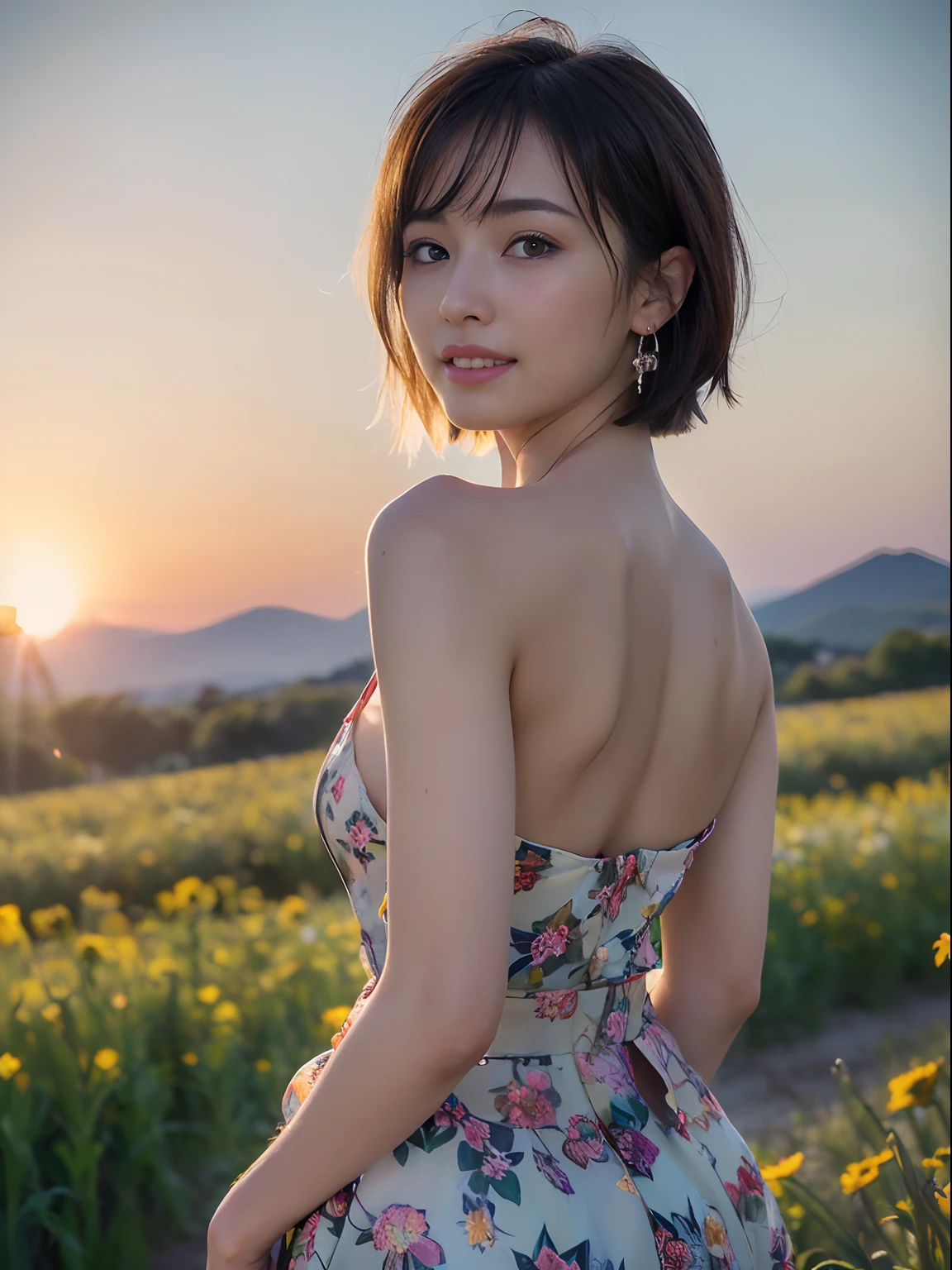((8K, RAW Photos, of the highest quality, Masterpieces), high definition RAW color photos professional close-up photos, (Realistic, Photorealism: 1.37), (Highest Quality), (Best Shadows), (Best Illustrations), ((Cute, Beautiful, Ultra High Resolution, High Definition CG Unified 8K Denden Wallpaper, Physically Based Rendering, Movie Lighting), analog style, Elegant, grateful, UHD 8K, Digital SLR, FujifilmXT3, Vibrant, Candid, Dramatic immersive sunset, (Detailed face, Skin Texture), Film grain, Natural light, looking in camera,(Idol),(1 japanese girl),(Photo of a girl in Japan ), (medium breasts), (makeup,lip stick,eye line,mascara,eyeshadows:1.1),glamor,(Perfect face), (Cute face), (Beautiful face), ((Floral dress)), (earrings), ((short bob)), A field of flowers, Beautiful detail eyes, Light on the Face, ((Cowboy Shot: 1.2)), especially strong light, (Upper Eyes, Grinning smile:1.2),Shiny skin, ulzzang -6500-v1.1:0.2, Shy, (The Flash:1.2), (arms behind back:1.2), ((Good anatomy: 1.2)), ((An A field of flowers that is bright , the background is blurred: 1.2)),wakame