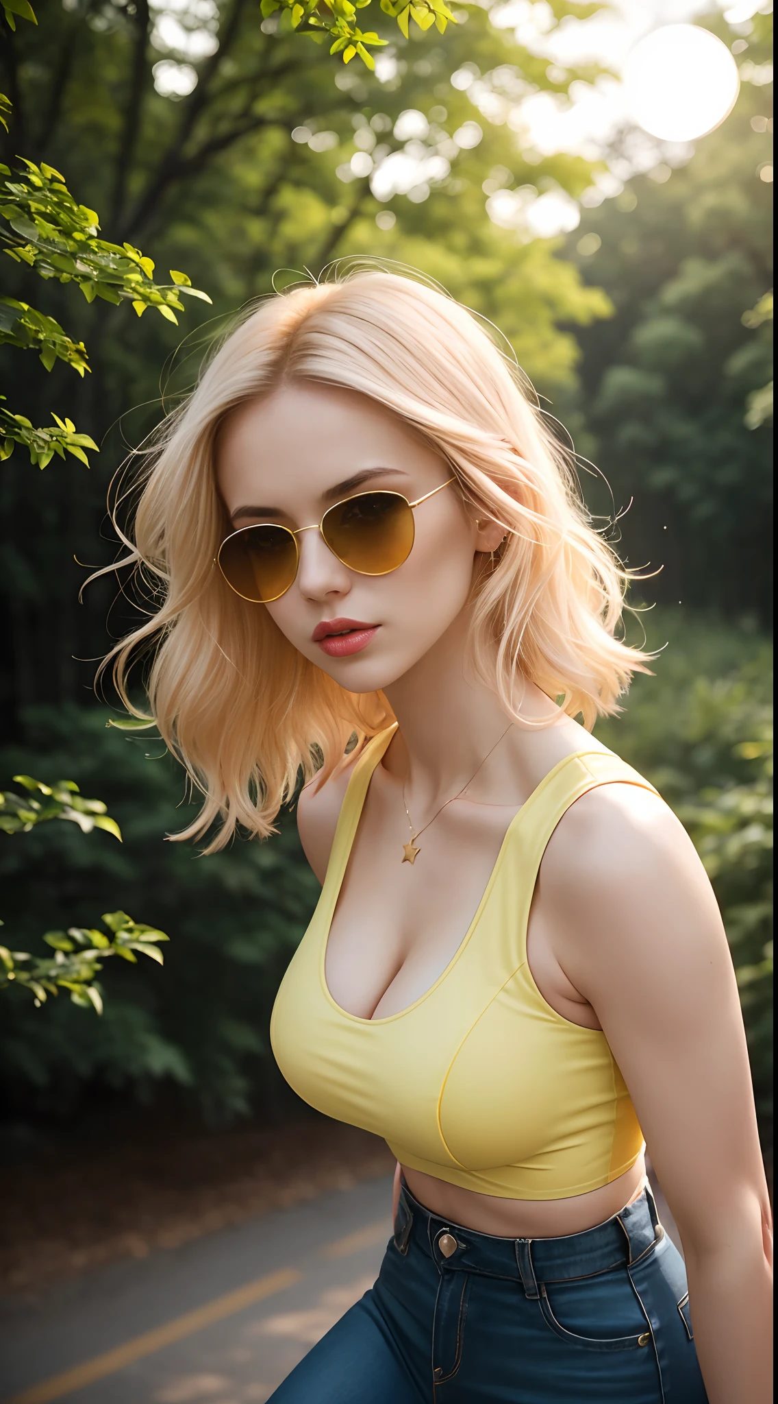 cleavage, woman, from_above, crop top, detailed face, yellow bodycon tank top, hair, park, sky, trees, pale skin, moonlight, stars, 1girl, statement sunglasses, woman,petite, vivid colors, bokeh background, subject for emphasis,dramatic colors,