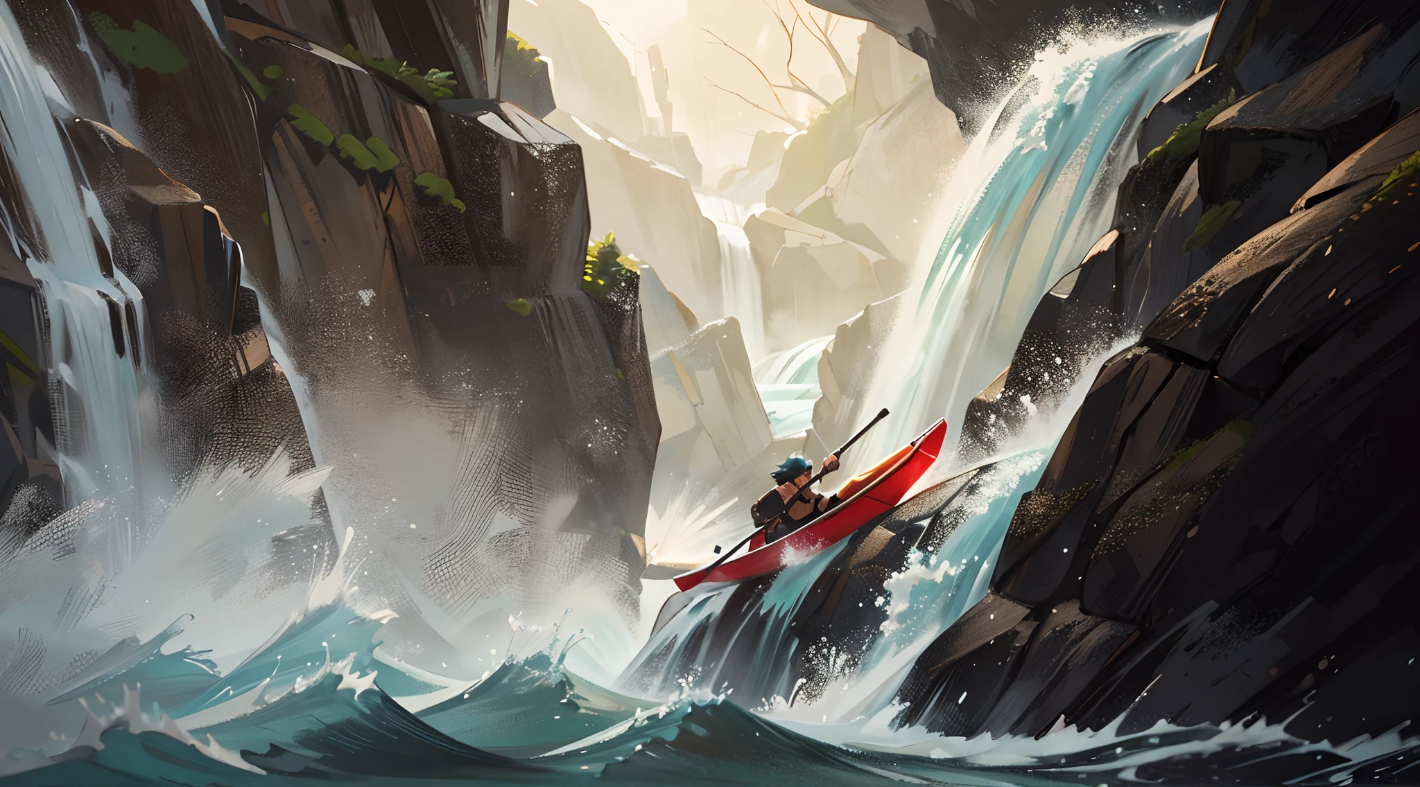 A kayaker caught in a perilous situation as their kayak hurtles towards the edge of a raging waterfall. The water crashes and foams, creating a dramatic and intense scene. The kayaker's expression shows a mix of fear and determination as they battle against the powerful current, desperately seeking a way to escape the impending danger. Best quality, intricate details, clean lines, eye-catching composition, soft tones, anime realism, perfect illustration