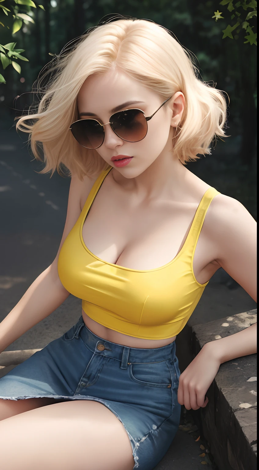cleavage, women, from_above, crop top, detailed face, yellow bodycon tank top, hair, park, sky, trees, pale skin, moonlight, stars, 1girl, statement sunglasses, women, petite, busty, colors bright, bokeh background, should be emphasized ,dramatic colors,
