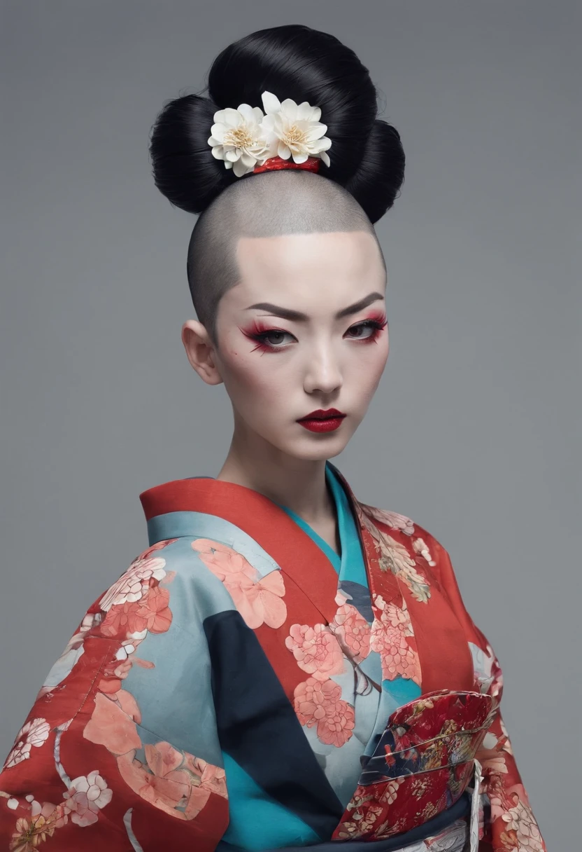 traditional japanese geisha skinhead, hairpunk, fashion shoot editorial style, Hypebeast ultra fast fashion gang signs