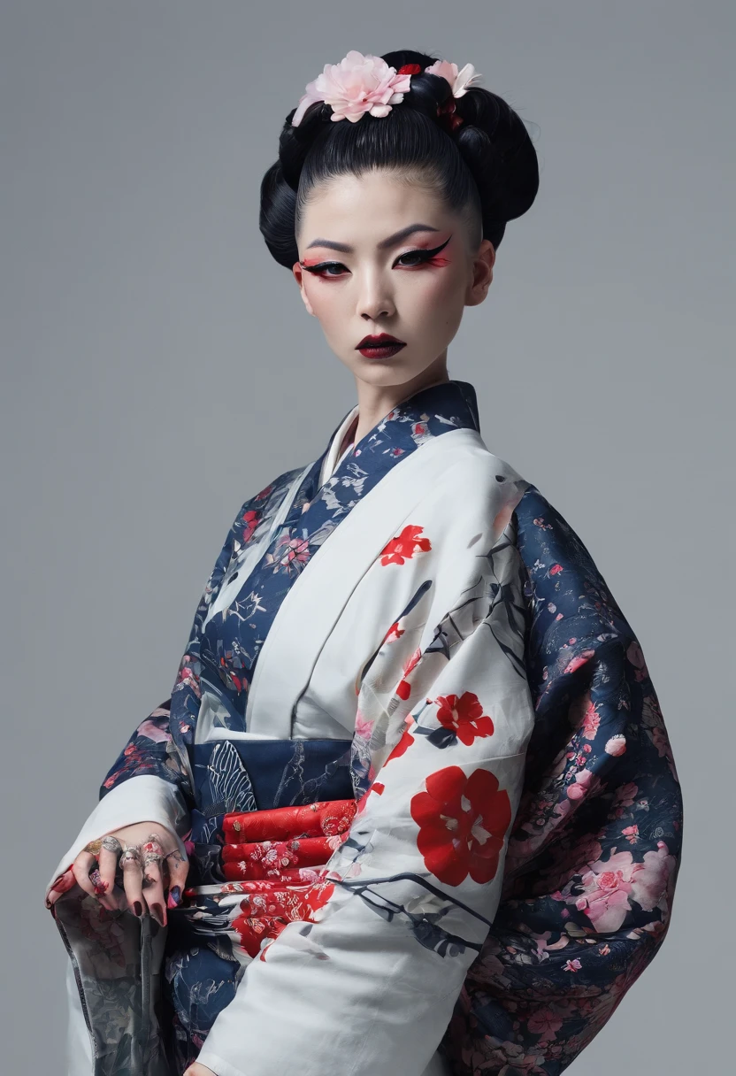 traditional japanese geisha skinhead, hairpunk, fashion shoot editorial style, Hypebeast ultra fast fashion gang signs