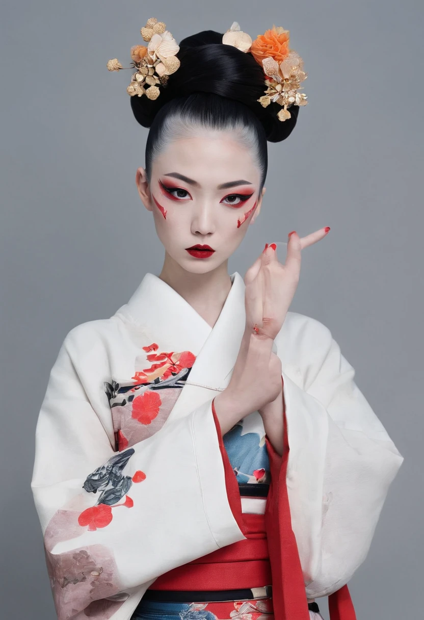 traditional japanese geisha skinhead, hairpunk, fashion shoot editorial style, Hypebeast ultra fast fashion gang signs