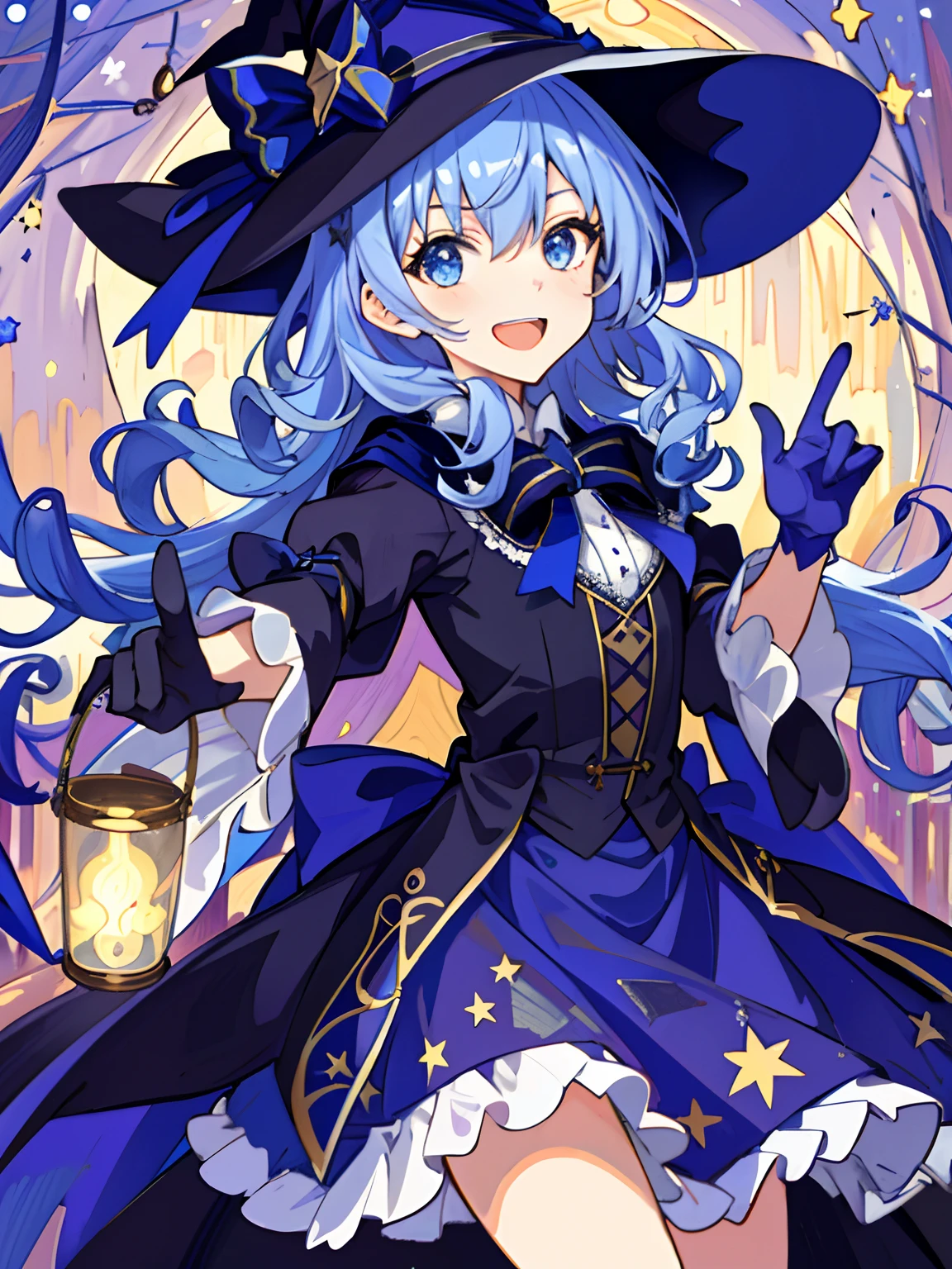((masutepiece:1.2, Best Quality)), 1girl in, Solo, (Witch Hat), a close up of a girl with curly hair, Dress, Aurora, Night, Star (skyporn), gloves, skyporn, Dress, nigh sky, Open mouth, Starry sky, Light blue eyes, bow ribbon, Smile, Cape, Blue hair, Magic, casting spell, Night, (Impressionism:1.4), Alphonse Mucha, Halloween colors, colorful candy, Casting a spell, magical lights