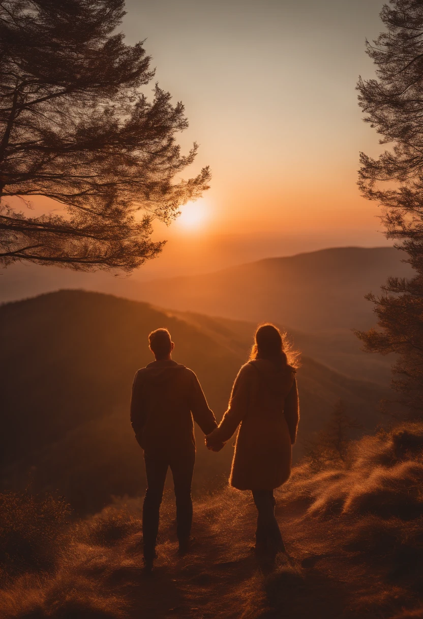 A cute couple in a sunset on the mountain