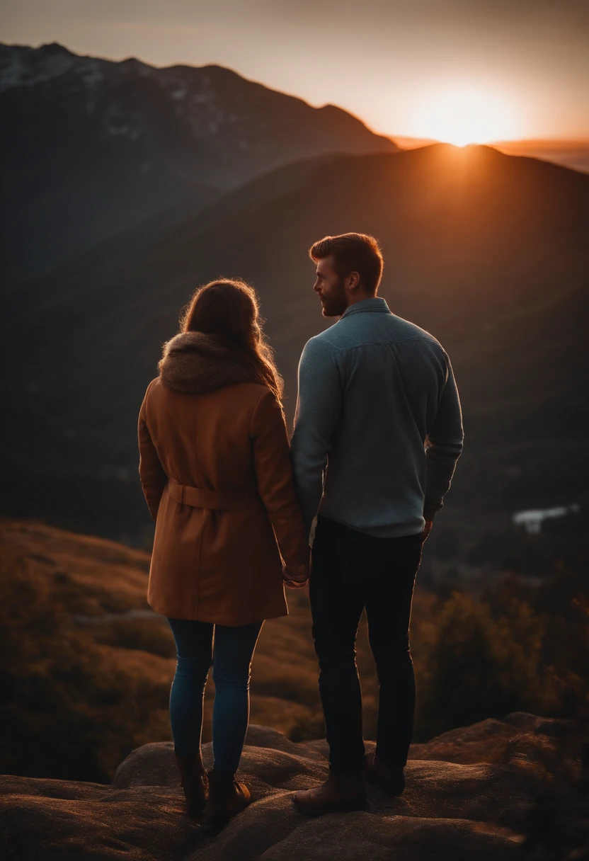 A cute couple in a sunset on the mountain