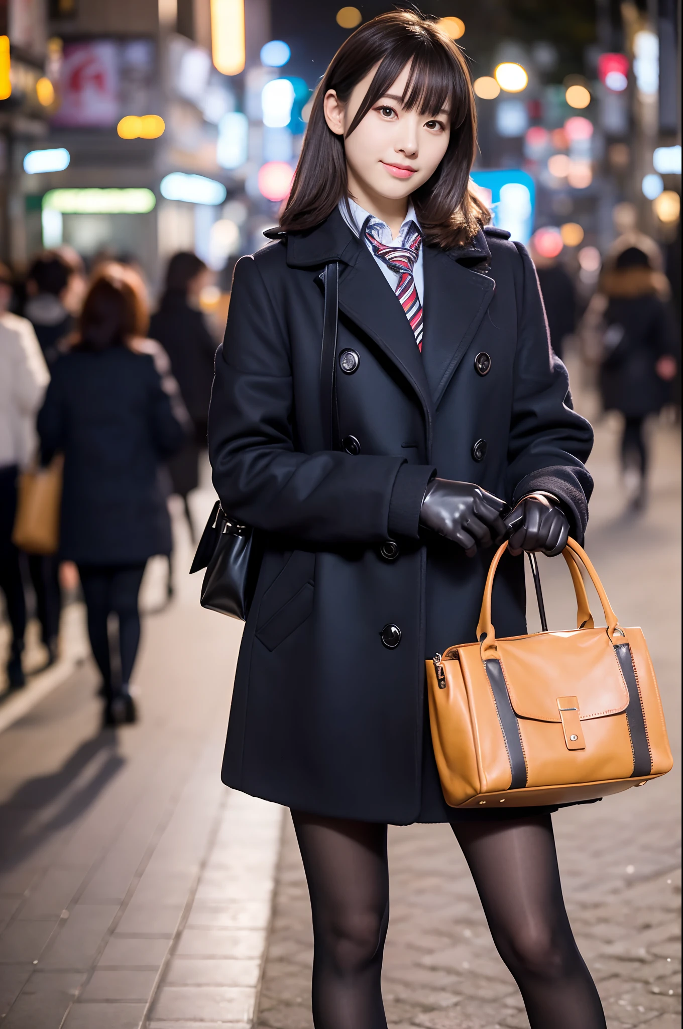 full body Esbian,a picture,Five Fingers,Black leather gloves,Perfect Anatomy,Ultra detailed eyes,masutepiece,a Japanese cute girl,Long-sleeved uniforms,Wear a P coat,Carrying a bag,lowfers,,street snap,illumination,mid night,Bokeh,Black short socks,Bangs,in Tokyo,Winters