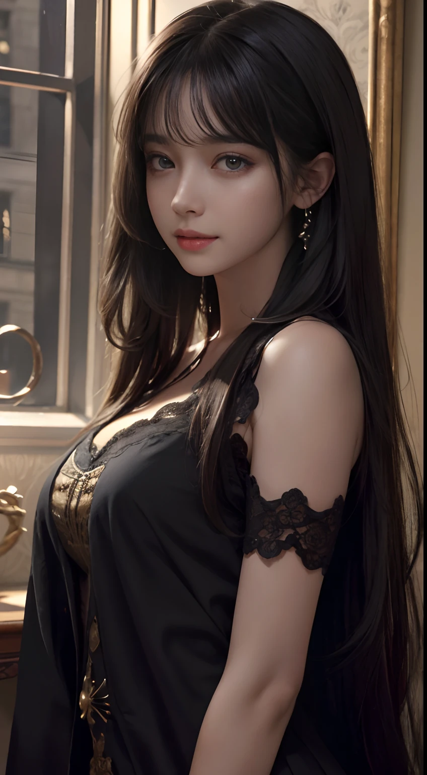 (Ultra Realistic), (Illustration), (Increased Resolution), (8K), (Extremely Detailed), (Best Illustration), (Beautiful and Detailed Eyes), (Best Quality), (Ultra Detailed), (Masterpiece ), ( wallpaper), (detailed face), solo, 1 girl, looking at viewer, fine details, detailed face, in the dark, deep shadows, low key, pureerosfaceace_v1, smiling, long hair, black shawl straight hair , 46 points oblique bangs