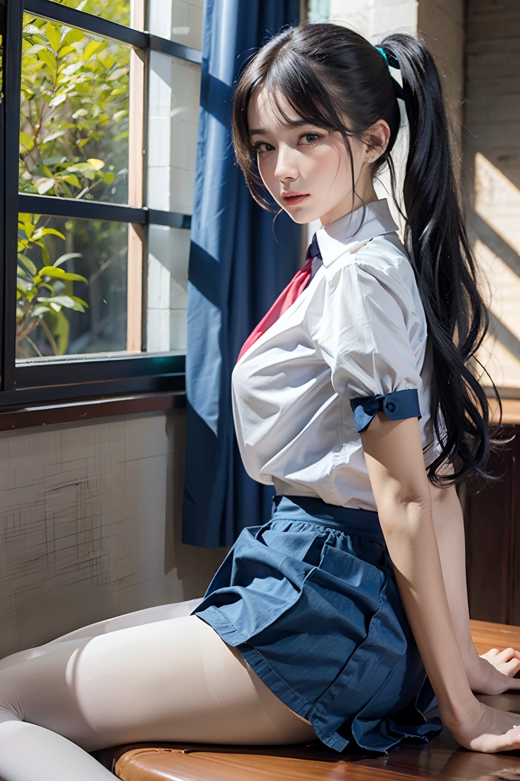 Ultra photo realsisim, 8K, CG,s the perfect face,flawless perfection,Ren,tmasterpiece,professionalartwork,famousartwork,s the perfect face,beauitful face,beautidful eyes,pony tails,((Perfect female body)),独奏,(immersiveatmosphere,lightand shade contrast:1.5,Bright light:1.2,lumnious),(Blushlush:0.5),Enchanting expression,Ultimate detail_The eye,thick thight,huge tit,Exquisite background,depth of fields,photorealestic:1.3,Faraway view,1girll,The shirt,pleatedskirt,school uniform,Sit Pose,((((full bodyesbian)))),(ambient lights:1.3),(cinematic compositions:1.3),(neonlight:0.1),(hdr:0.1),emphasis lighting,White panty hose,(((clear clothing))