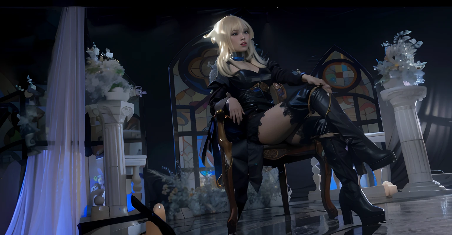 Blonde woman dressed in black leather sitting on a church chair, Gorgeous Role Play, inspired by Li Chevalier, on her throne, sitting on her throne, shadowverse style, sitting in a gilded throne, Sitting on a throne, sitting on obsidian throne, Artoria Pendragon, From Lineage 2, Shot on Canon EOS R 6, seated on a throne,Background with,chies,