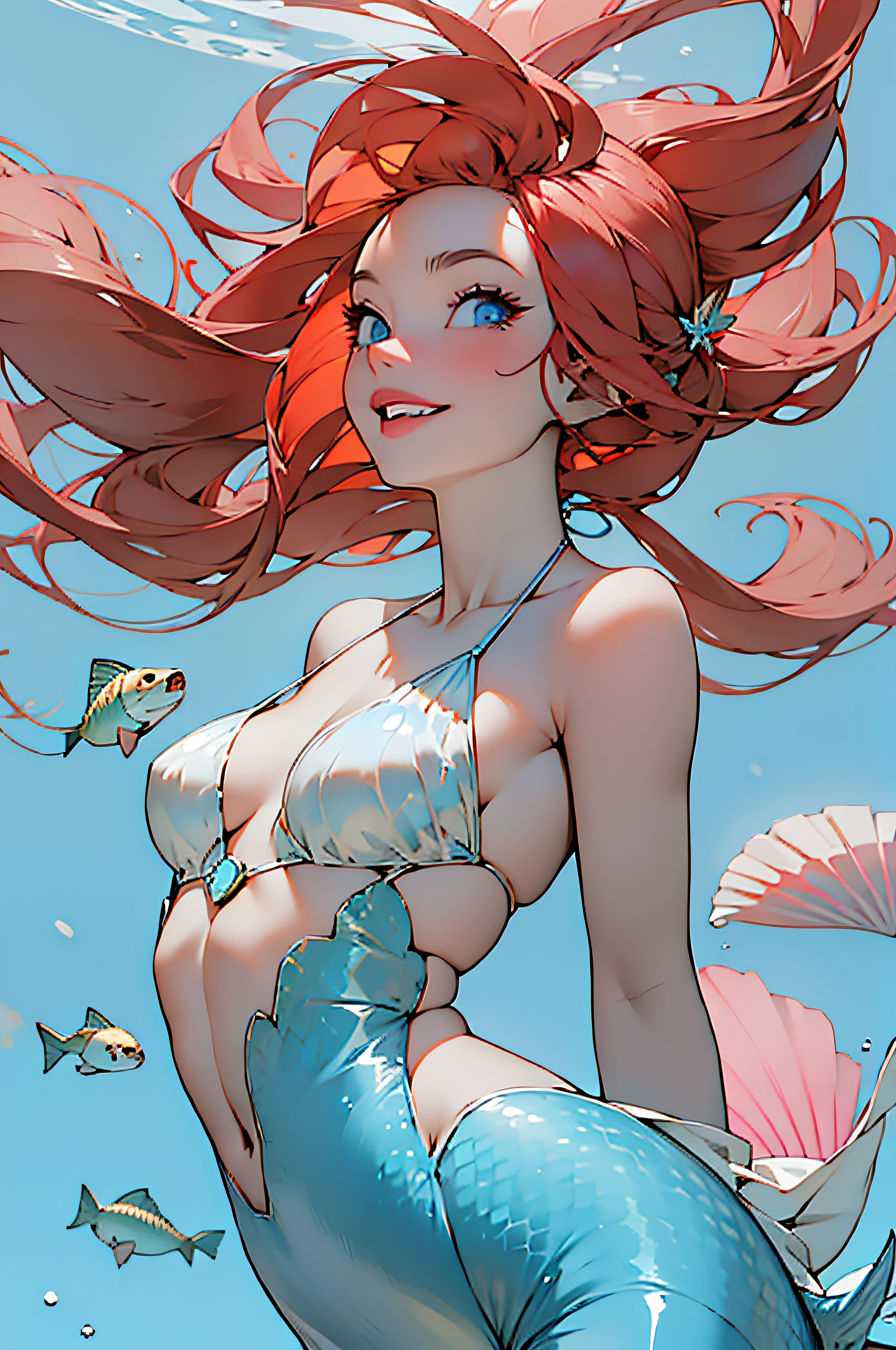 1girl, solo, long hair, breasts, smile, blue eyes, bare shoulders, red hair, small breasts, parted lips, teeth, floating hair, monster girl, bubble, underwater, air bubble, mermaid, shell, shell bikini,stylemidjurney,1 gril,1 girl