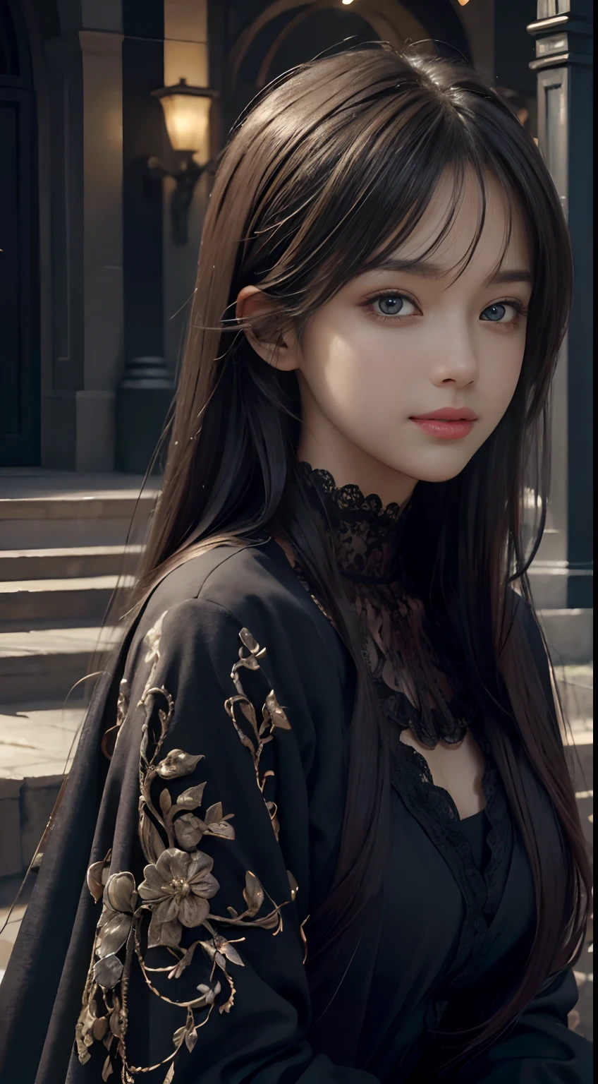 (Ultra Realistic), (Illustration), (Increased Resolution), (8K), (Extremely Detailed), (Best Illustration), (Beautiful and Detailed Eyes), (Best Quality), (Ultra Detailed), (Masterpiece ), ( wallpaper), (detailed face), solo, 1 girl, looking at viewer, fine details, detailed face, in the dark, deep shadows, low key, pureerosfaceace_v1, smiling, long hair, black shawl straight hair , 46 points oblique bangs
