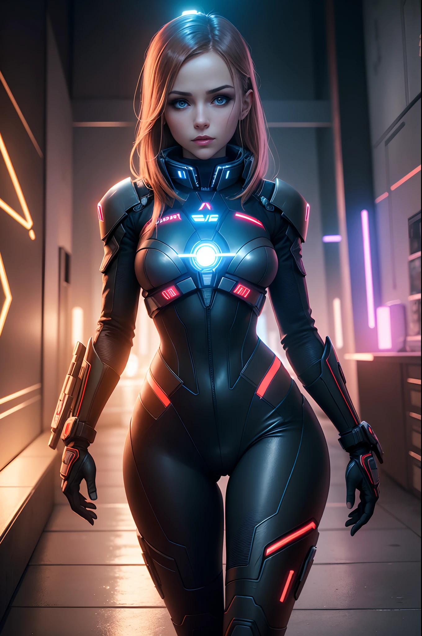 Стиль Mass Effect, The android girl has a body, neon lights all over her body, Mirror eyes, Multi-layered realism, witchy, eerily realistic