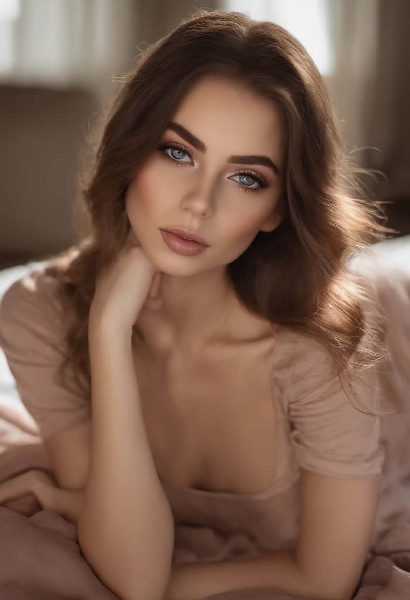 arafed woman fully , sexy girl with brown eyes, ultra realistic, meticulously detailed, portrait sophie mudd, brown hair and large eyes, selfie of a young woman, dubai eyes, violet myers, without makeup, natural makeup, looking directly at the camera, face with artgram, subtle makeup, stunning full body shot kneeling on bed, in bedroom, medium to large size bust