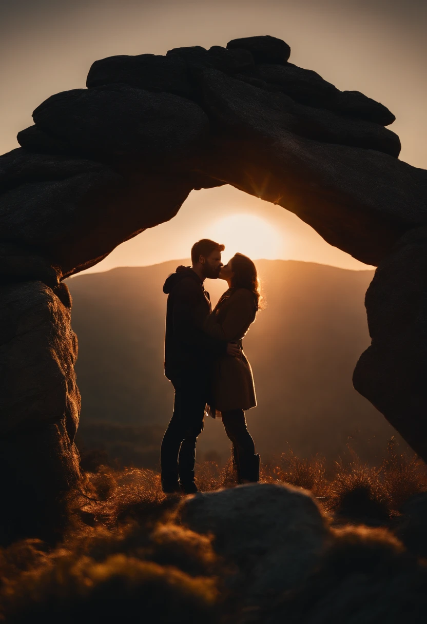A cute couple at a mountain sunset, kissing each other