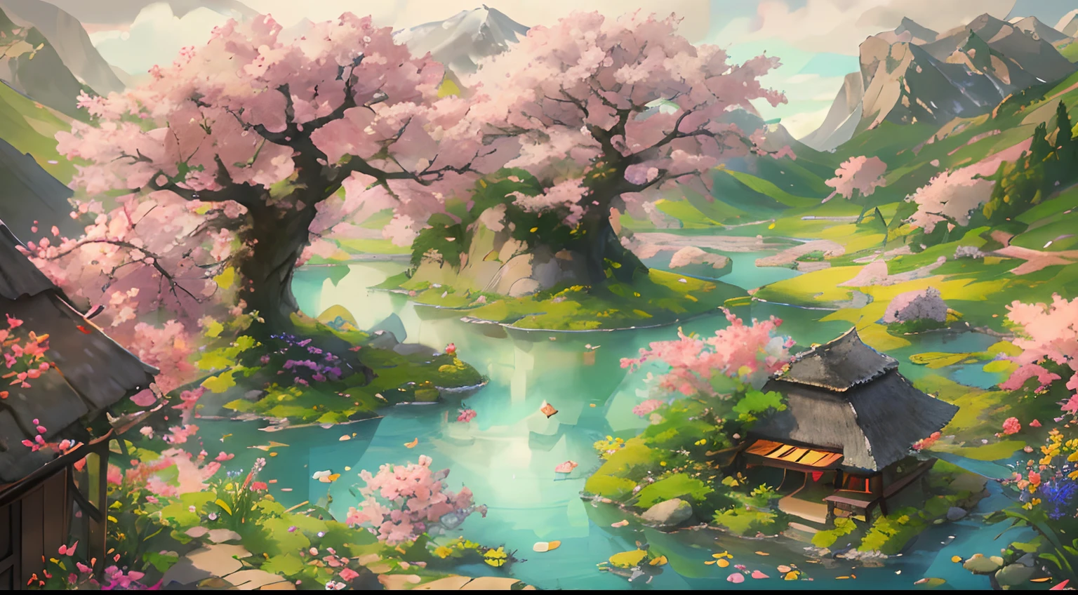 Chinese Antiquity、(A huge ancient tree、flourishing)thatched hut、springtime、jungles、lakes、hole in the mountains、waterfallr、grassy fields、Rochas、hot onsen、hydrosphere、(illustratio:1.0)、Epic composition、Realistic lighting、high definition detail、tmasterpiece、Best quality,(非常详细的 CG 统一 8k 壁纸)