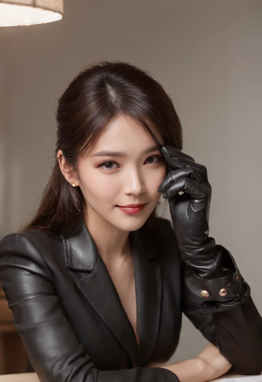 Wearing black leather gloves on both hands, Upper body, Black business suit, Facing the desk in my room with a computer in the dark, Look down and smile, Use a fountain pen to write a letter, Black hair was tied back for a long time, Still young and very cute Japan female new employee (Black leather gloves cover both hands)Gentle smile looking at the camera、Black leather gloves to do the job