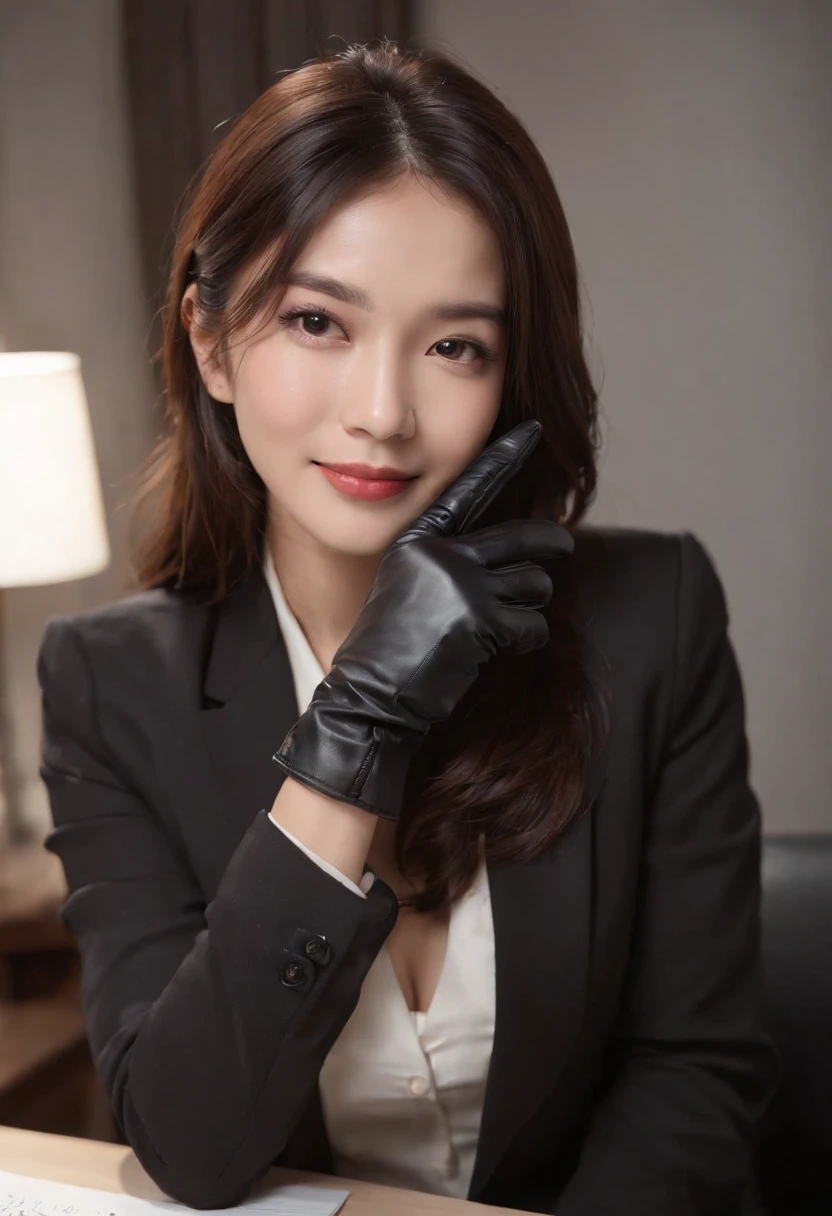 Wearing black leather gloves on both hands, Upper body, Black business suit, Facing the desk in my room with a computer in the dark, Look down and smile, Use a fountain pen to write a letter, Black hair was tied back for a long time, Still young and very cute Japan female new employee (Black leather gloves cover both hands)Gentle smile looking at the camera、Black leather gloves to do the job