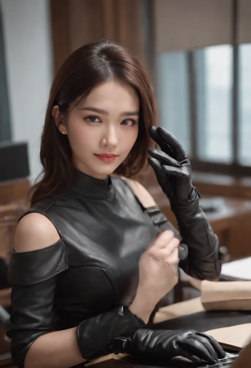 Wearing black leather gloves on both hands, Upper body, Black business suit, Facing the desk in my room with a computer in the dark, Look down and smile, Use a fountain pen to write a letter, Black hair was tied back for a long time, Still young and very cute Japan female new employee (Black leather gloves cover both hands)Gentle smile looking at the camera、Black leather gloves to do the job