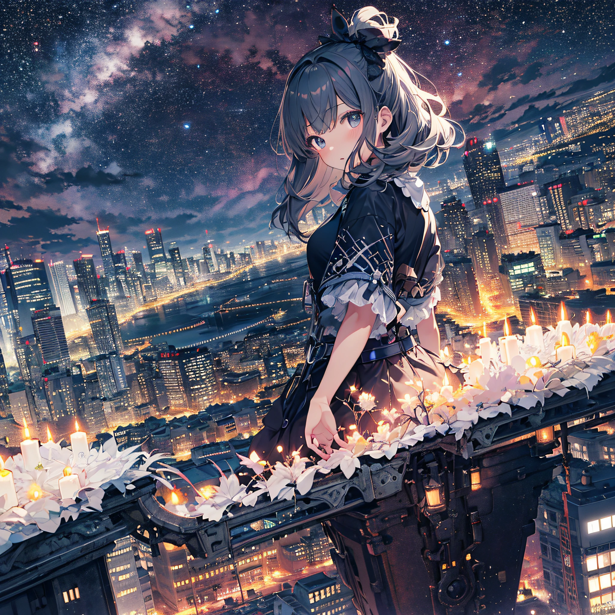 ultra detailed game CG, (High resolution:1.1),(absurderes:1.1), 1girl in, Girl, Solo, Simple Anime, nightcity, Overlooking the night view from a height