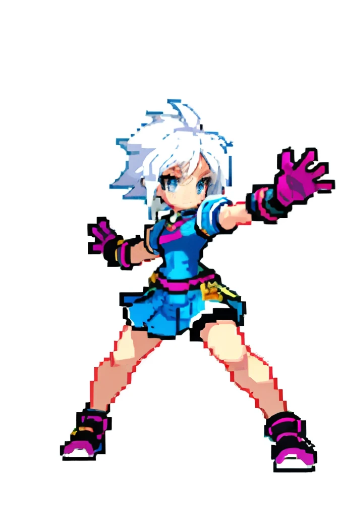 masterpiece, top quality, best quality), pixel,pixel art, 1 girl, goalkeeper girl, yugioh, fullbody, no background, white hair, child, soccer girl, gloves, protagonist,
