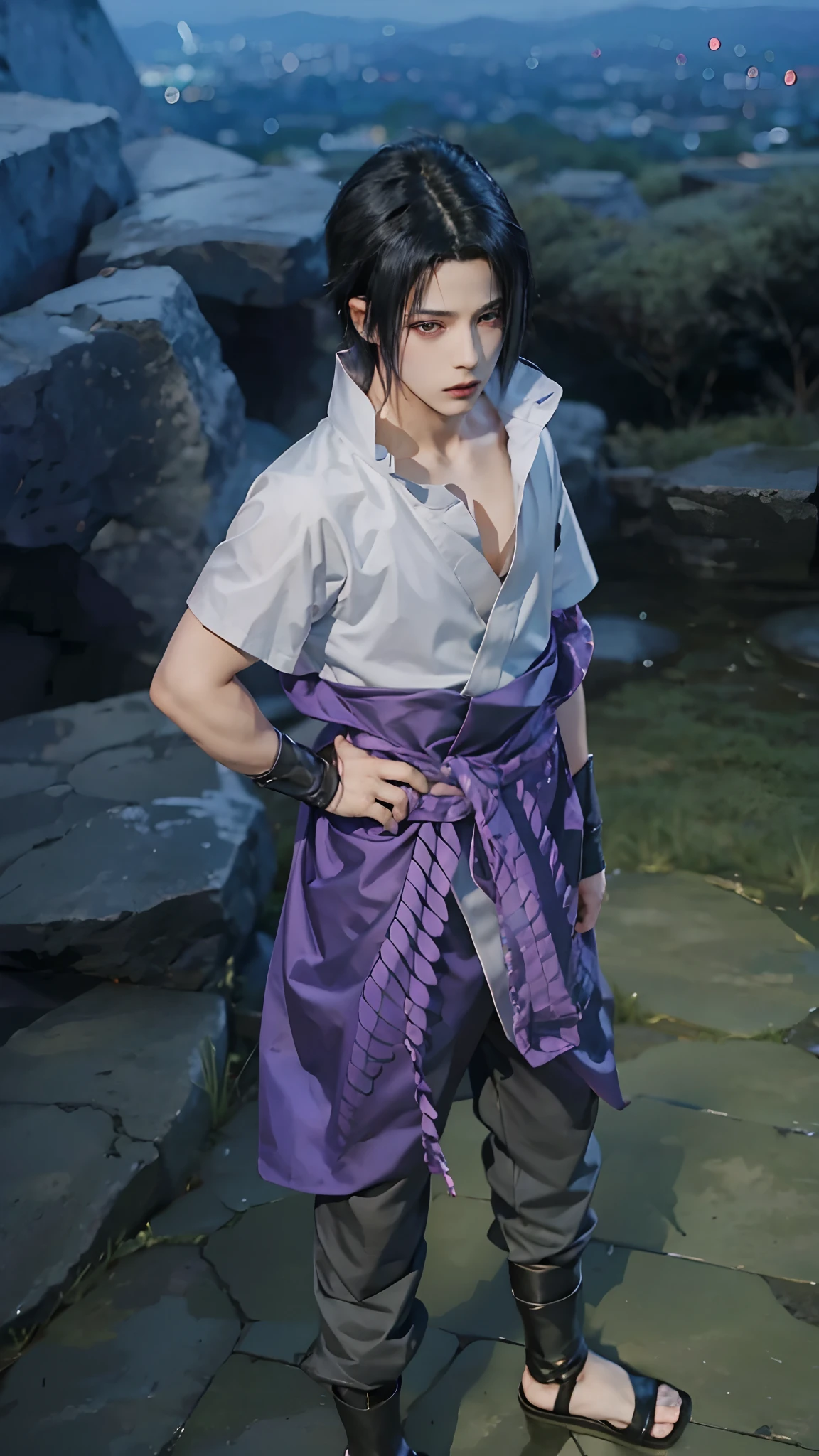 1man, uchiha sasuke in anime naruto shipudden, short hair , black hair, red ligth eyes, handsome, purple clothes, realistic clothes, detail clothes, city background, ultra detail, realistic