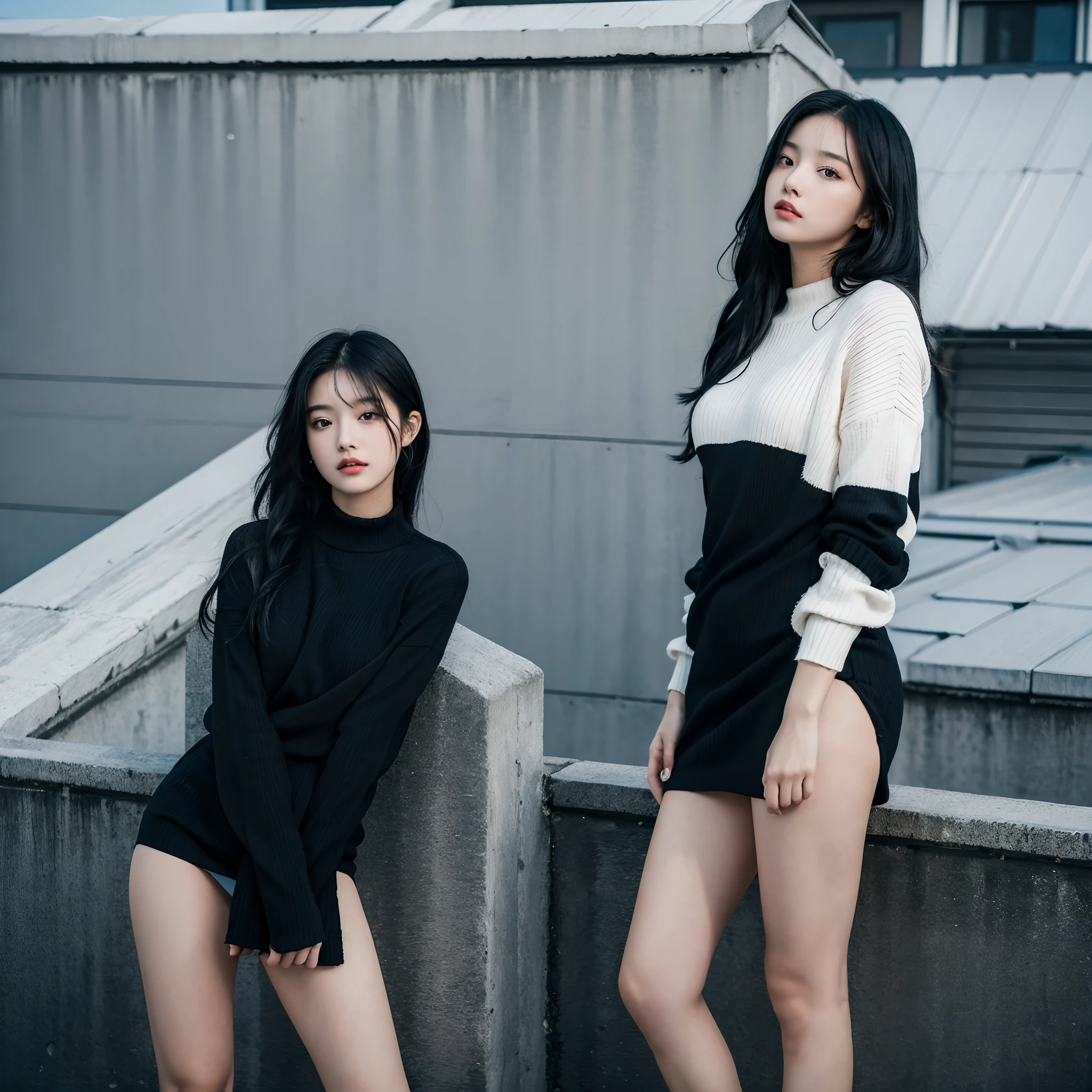 (8k, best quality, masterpiece:1.2),(best quality:1.0), (ultra highres:1.0),body full shot,solo, Beautiful girl, 19 years old, cool expression, sexy lips, black and white hair, wearing a short black dress with a sweater, She was standing on the roof
