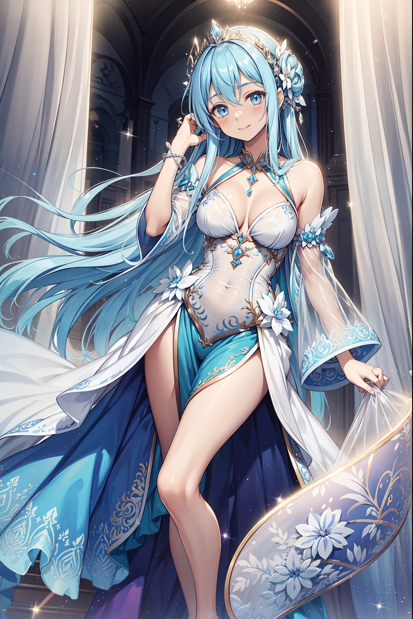 s girl,Enchanted,having fun,Being in love,Pale white princess dress,Lilac cloth,see-through transparent clothes,exquisite costumes,Bedrooms,solo person,Light silver hair,pale blue color eyes,the night