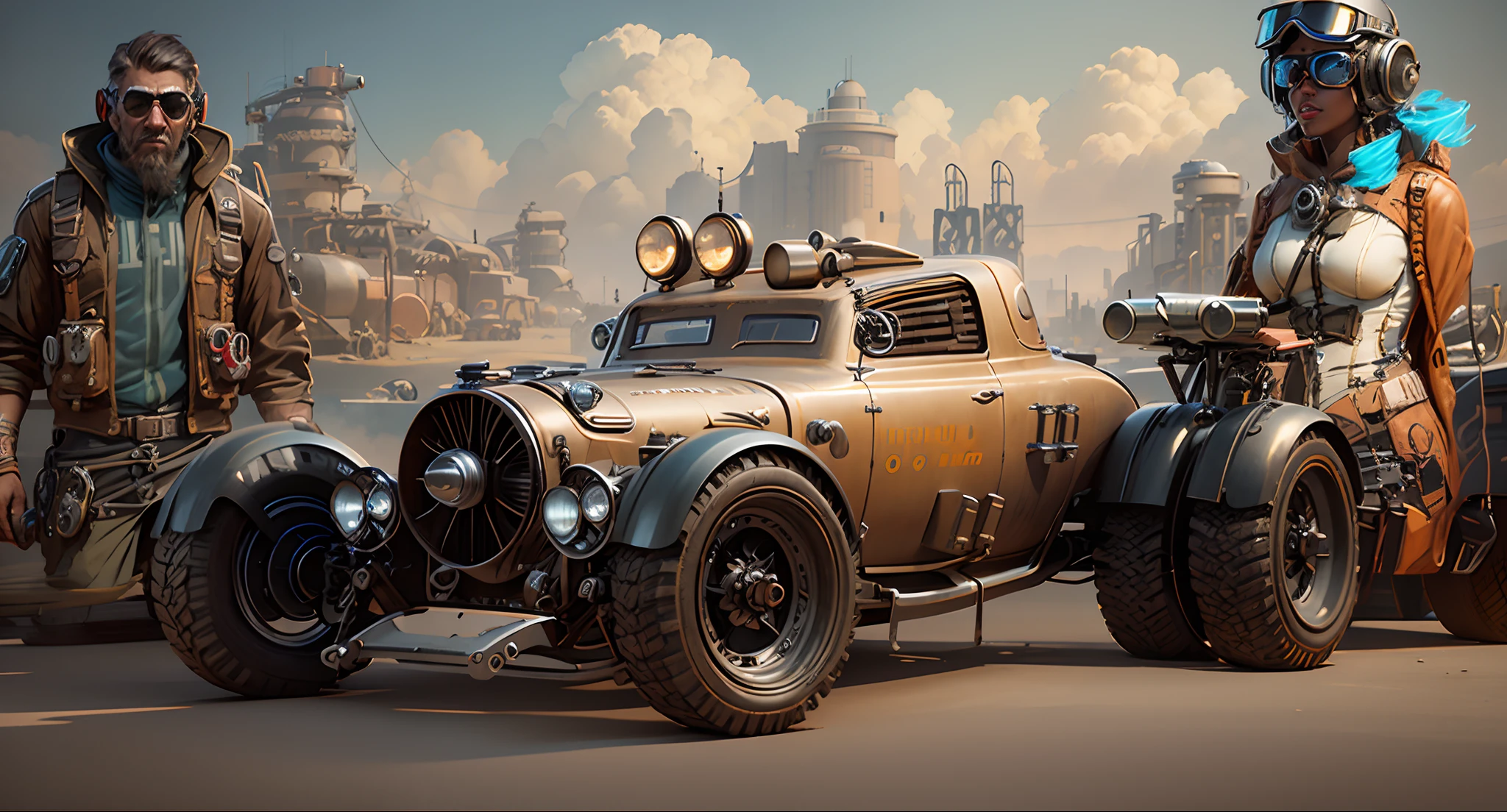 there is a drawing of a man standing next to a car, dieselpunk art style, futuristic dieselpunk street, steampunk car, 3 d octane render conceptart, post - apocalyptic car blueprint, octane photoreal 3 d render, in style of dieselpunk, 3d rendered steampunk, dieselpunk, anime art vehicle concept art, car concept art, octane 4 k render