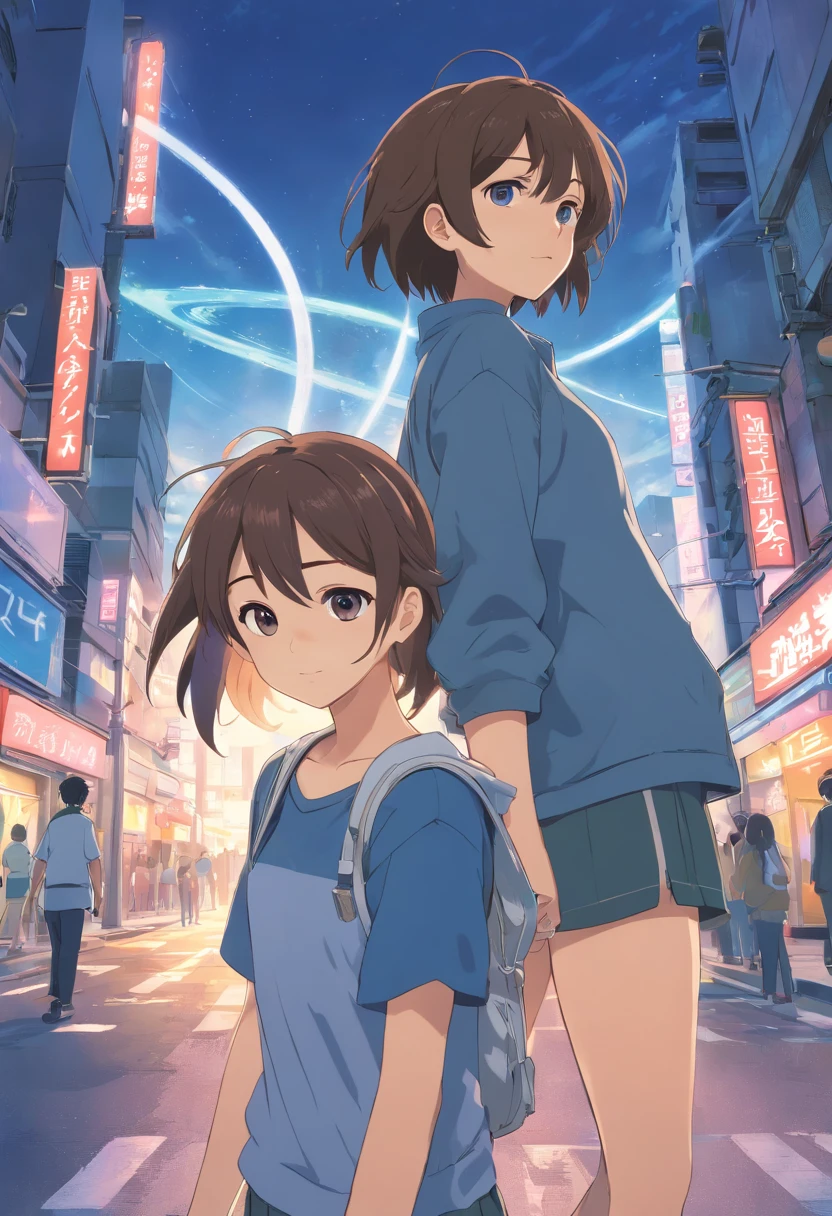 Une fille de 15 ans, brune, gros seins, cheveux longs et raides, a 17-year-old boy, blond, yeux bleus, with a mechanical arm, dedans, (шедевр, the best quality, Absurde ), school,In class two children are in the street destroyed, des extraterrestres en fond.