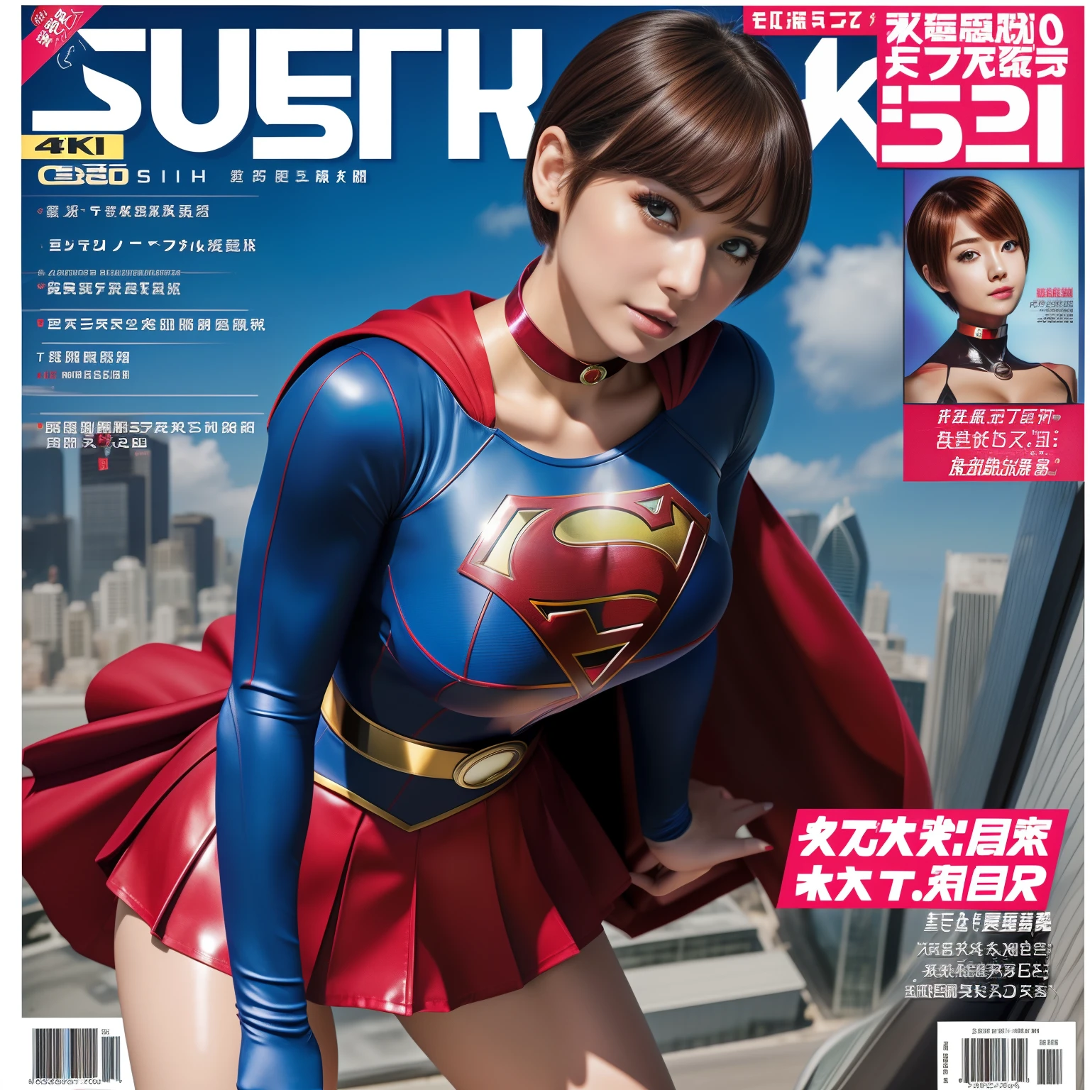 (Best Quality,4K,8K,hight resolution,masutepiece:1.2),Ultra-detailed,Realistic:1.37,Super masterpiece,Short-haired Supergirl、large full breasts、Looking at the camera、Glossy costume、a choker、Too short miniskirt、Magazine covers、Weekly Magazine、brochure