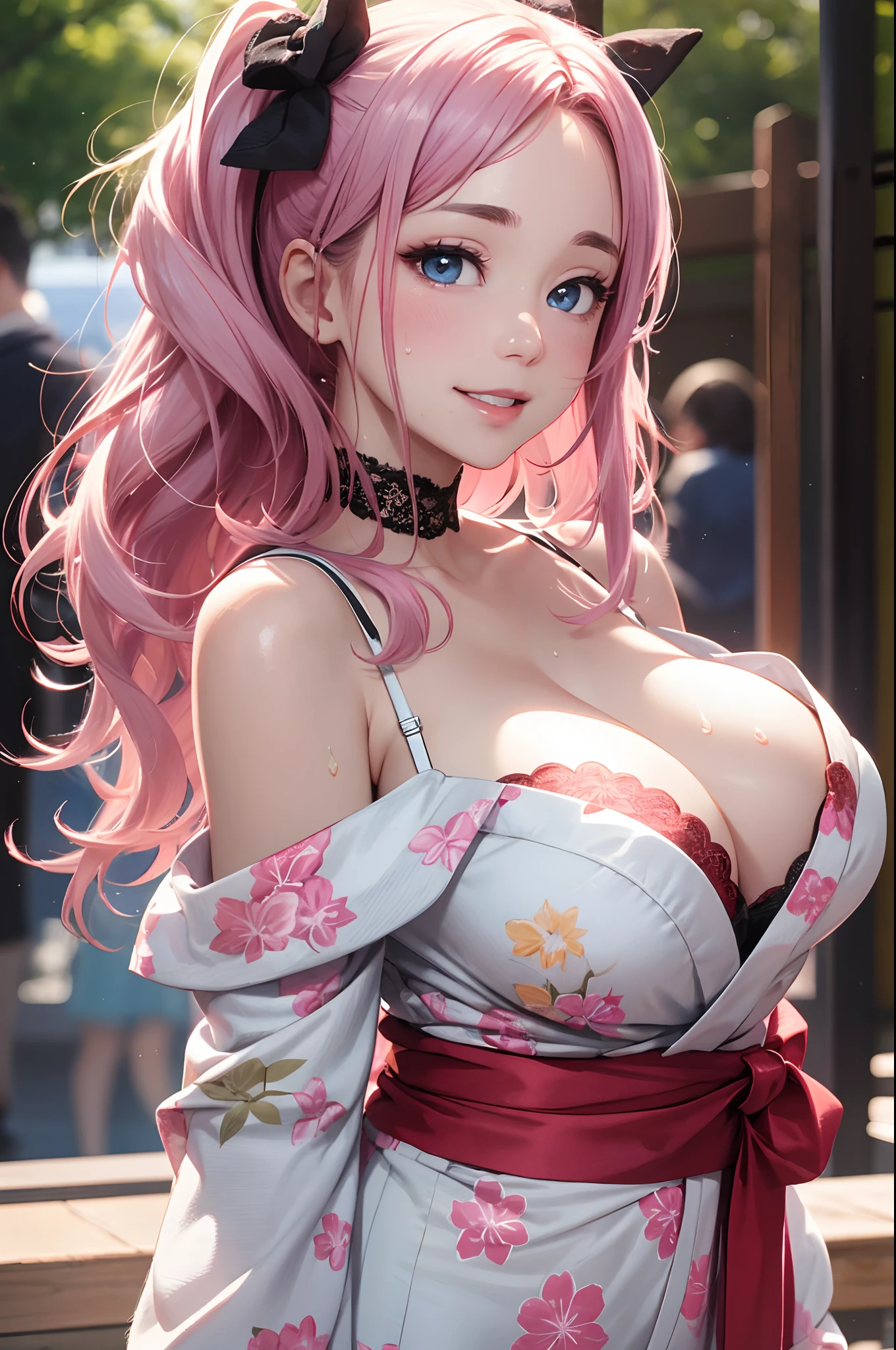 8K picture quality、top-quality、masutepiece,A pink-haired、Large breasts,cleavage,Off-the-shoulder attire,super high image quality、ultra - detailed、Ultra-realistic hair quality、Vibrant colors、Beautuful Women、Beautiful long hair、Shiny hair、detailed hairs、blue mesh、poneyTail、Blue eyes、shiny skins、Lace underwear、extremely giant breasts、Sweaty forehead and cheeks、Huge ass、Fluffy off-the-shoulder yukata、A smile、soft pink lips、Ultra-realistic flesh、Red cheeks、summer festival in background