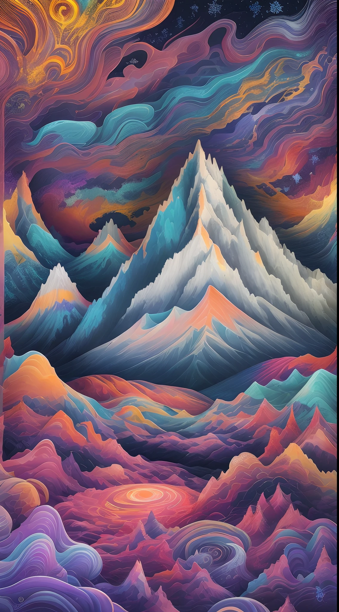 ((A towering snowcapped mountain)),(Best quality,4K,8K,A high resolution,Masterpiece:1.2),Ultra-detailed, [Vibrant colors], [psychedelic patterns], [Sparkling textures], [Abstract shapes], [Unique design], [A mesmerizing glow], [Creative composition],[Dreamlike atmosphere], [Artistic expression], [fantasy surrealism], [futurism aesthetic], [Magical charm], [Psychedelic vibes], [Ethereal beauty], [mind-bending illusions], [electric energy], [Mysterious nature], [lmaginative], [eye - catching detail], [dynamic contrast], [Psychedelic color palette], [Attractive visuals], [Unconventional design], [Mindset expansion], [An unforgettable shock].