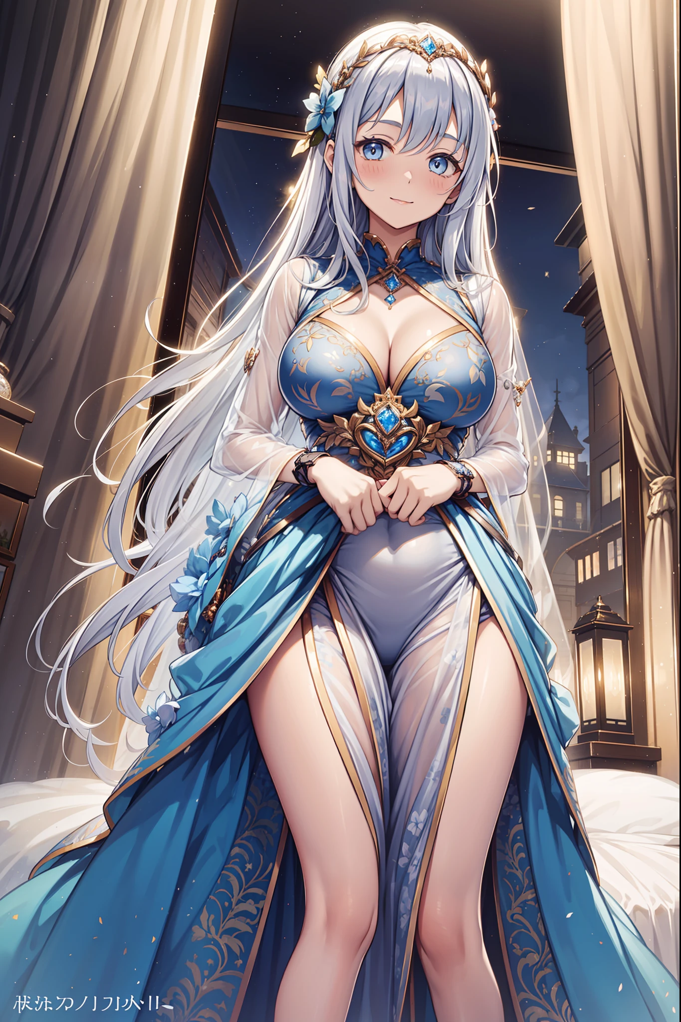 s girl,Enchanted,having fun,Being in love,White princess dress,Lilac cloth,see-through transparent clothes,exquisite costumes,Bedrooms,solo person,Light silver hair,pale blue color eyes,the night