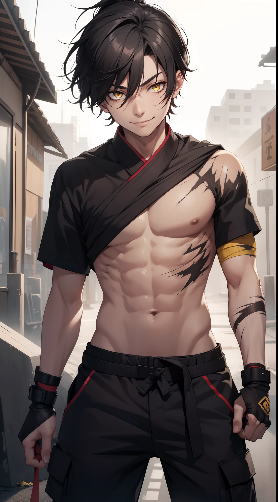 Young guy, short black hair, high ponytail, Yellow eyes, Scars, bloods, confusion, Wounds, Smile, Bandages, red martial arts pants, open torso, Masterpiece, hiquality, 4k, HD, Good detail