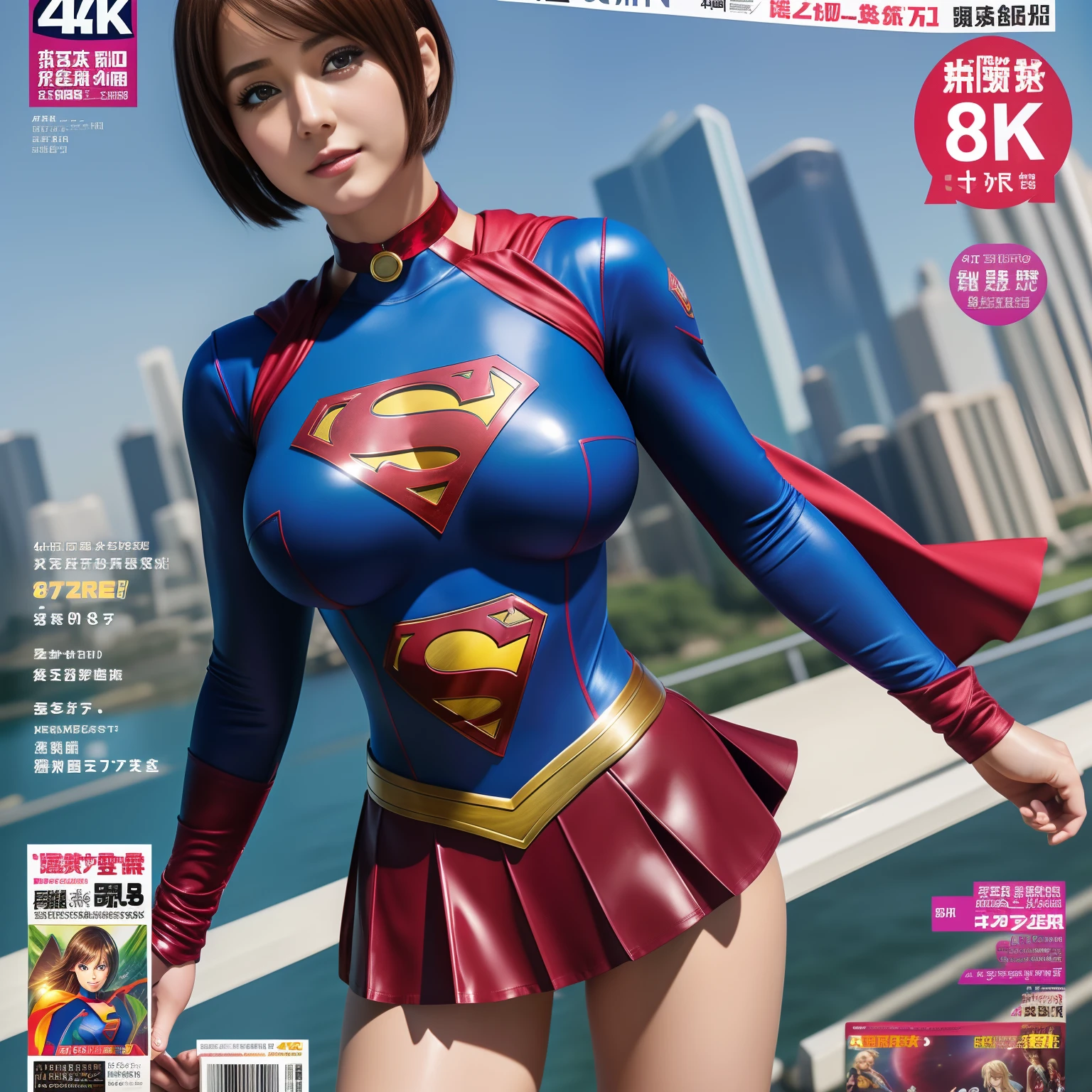 (Best Quality,4K,8K,hight resolution,masutepiece:1.2),Ultra-detailed,Realistic:1.37,Super masterpiece,Short-haired Supergirl、large full breasts、Looking at the camera、Glossy costume、a choker、Too short miniskirt、Magazine covers、Weekly Magazine、brochure