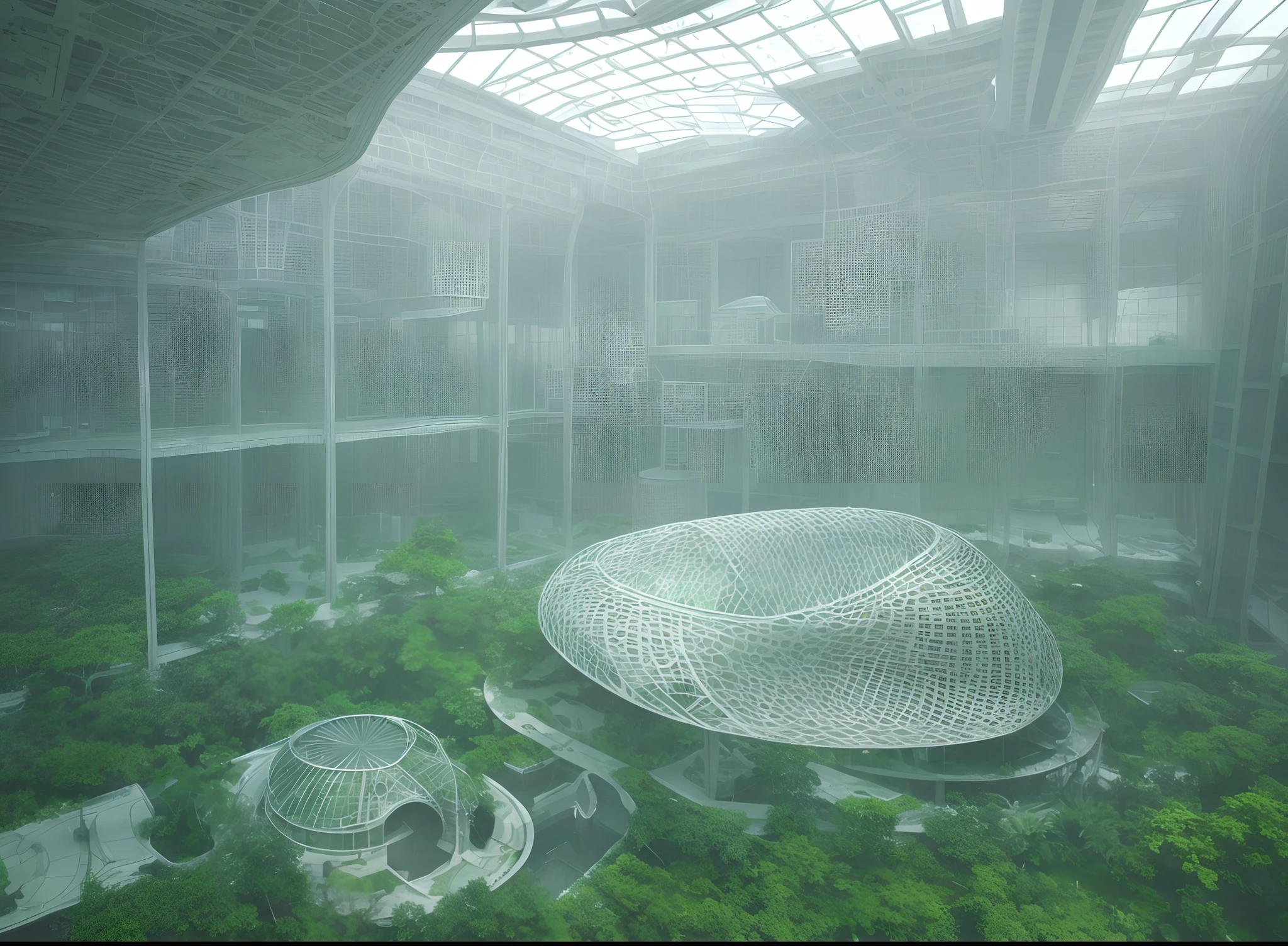 There is a silver building, mesh structure, 3 d mesh, 3d cell shaded, parametric structure, monochrome 3 d model, Metal Materials,,Abandoned futuristic city,Overgrown with lush greenery,Exquisite scenes,Skysky,baiyun,The sun shines,green floor,lakes